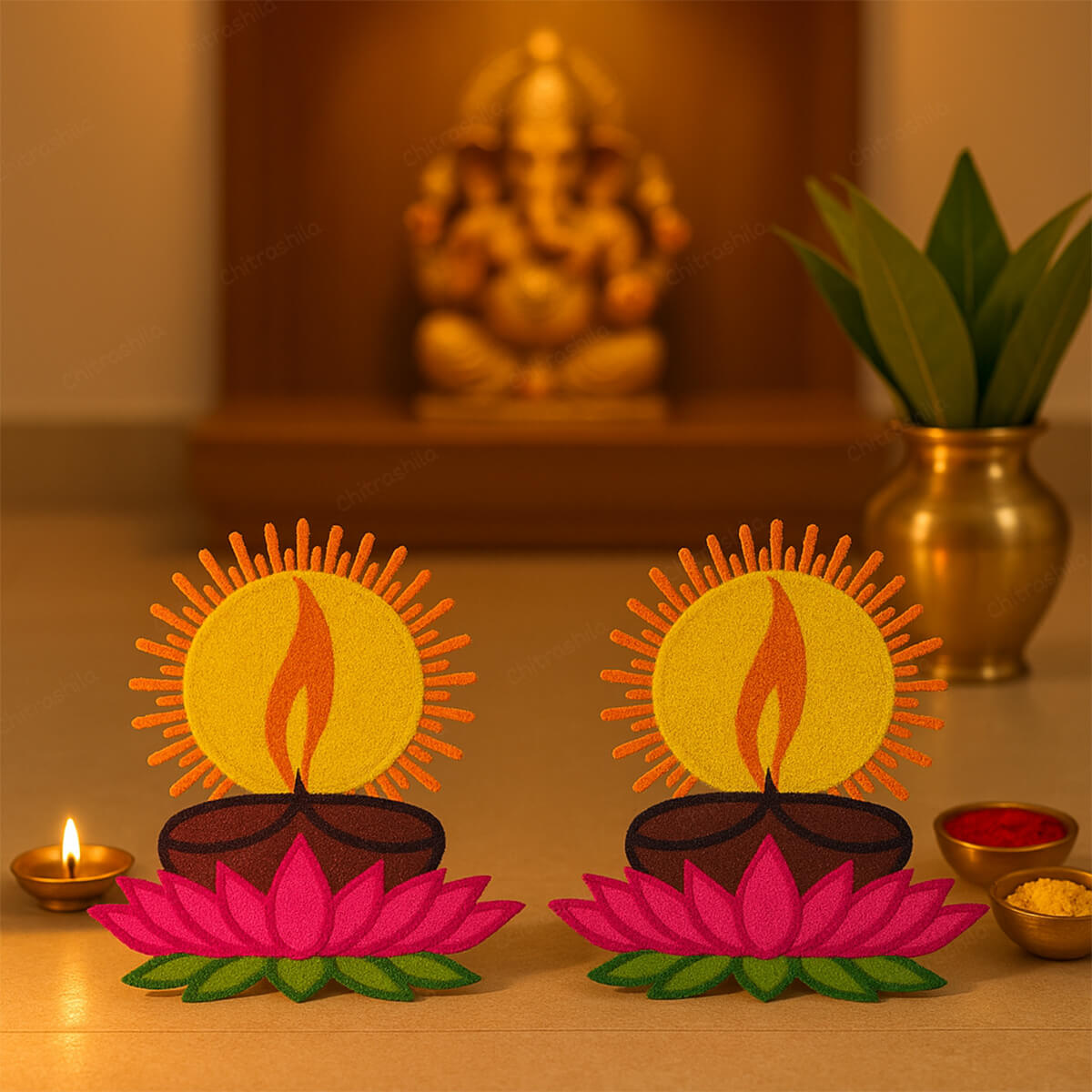 Beautiful Diya with Lotus Rangoli patches