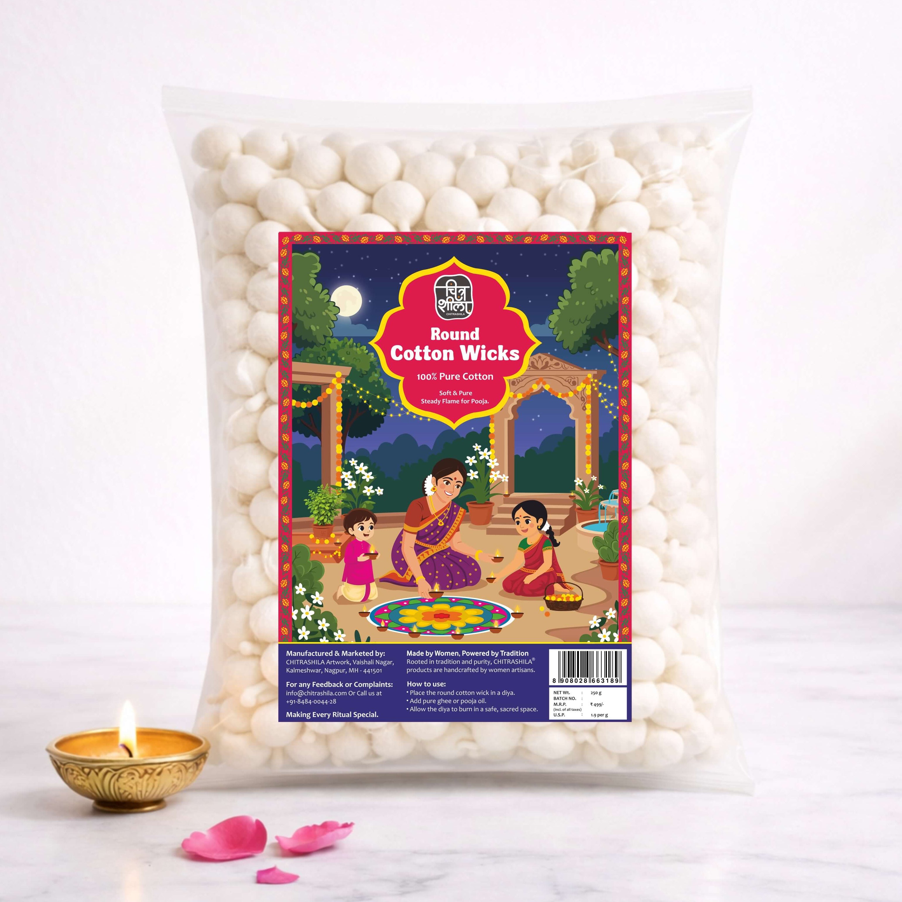 CHITRASHILA® Gol Cotton Batti - Round Cotton Wicks for Pooja Oil & Ghee Diyas - Premium, Uniform & Long-Lasting- Aprox. 1200 pcs. (250gm)