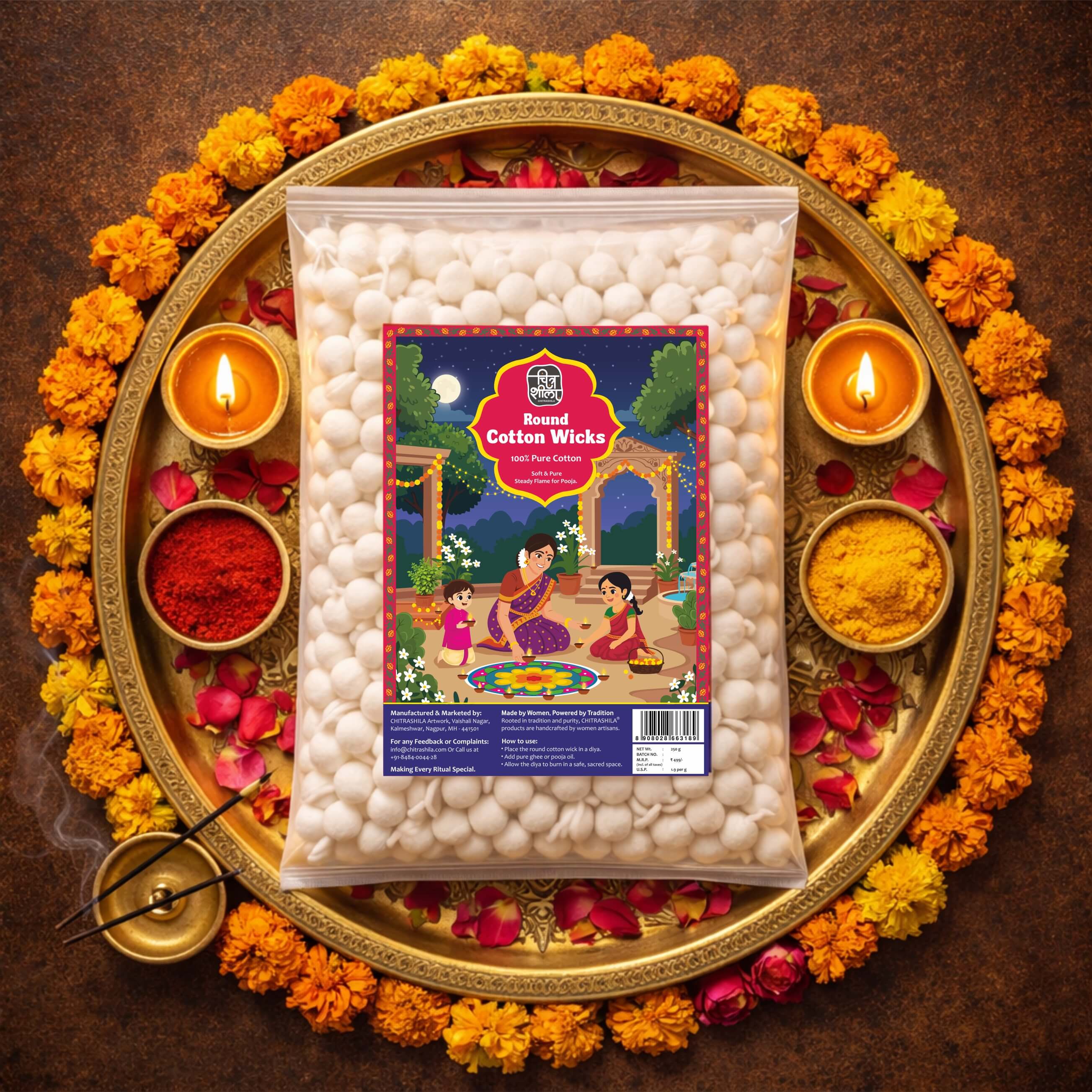 CHITRASHILA® Gol Cotton Batti - Round Cotton Wicks for Pooja Oil & Ghee Diyas - Premium, Uniform & Long-Lasting- Aprox. 1200 pcs. (250gm)
