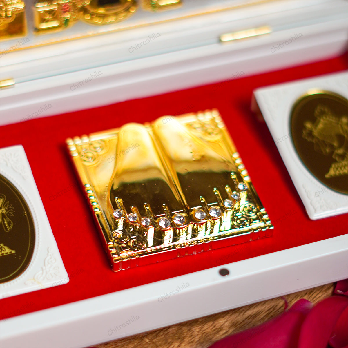 CHITRASHILA Gold Plated Venkateshwar Charan Paduka Pocket Temple