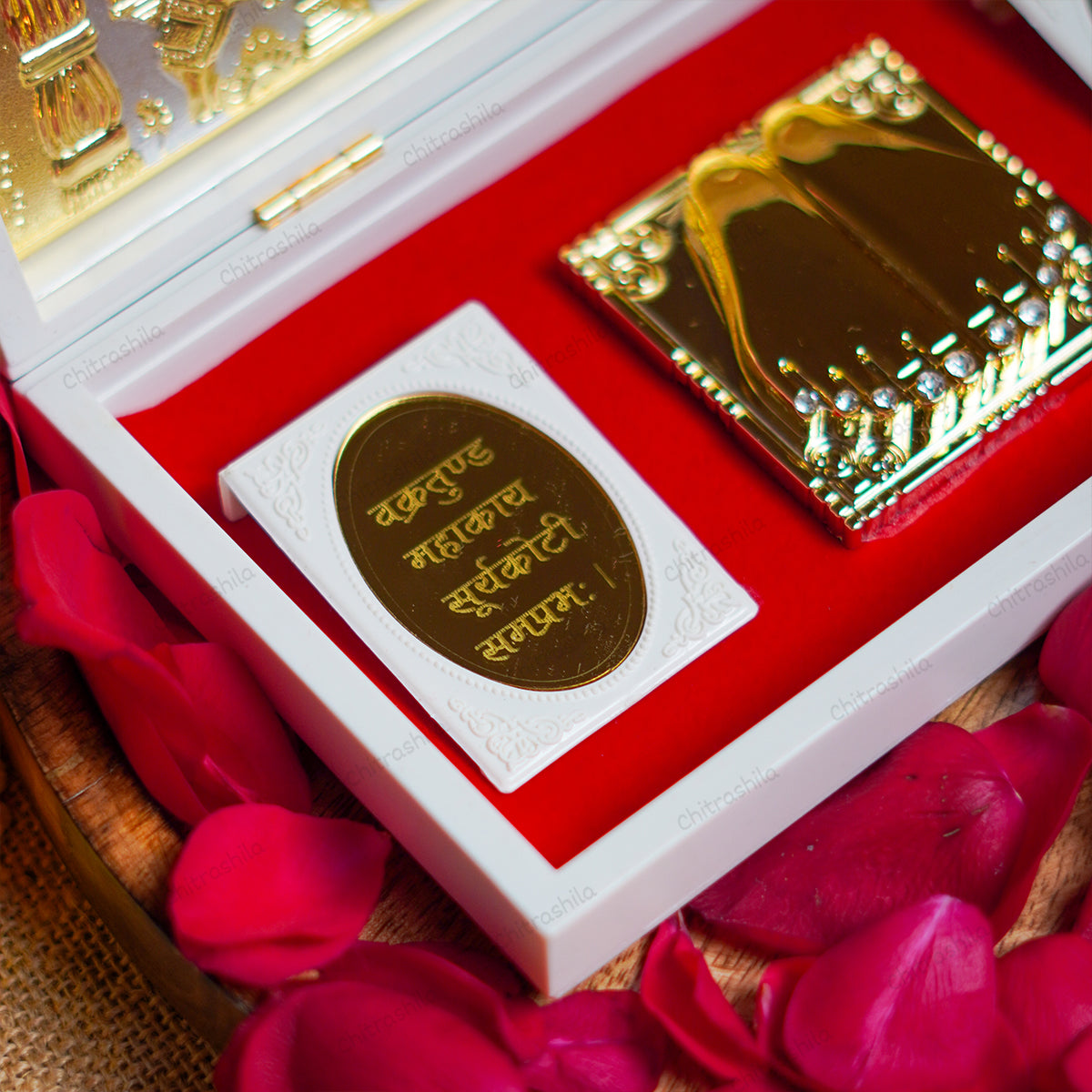 Chitrashila Shree Ganesh Pocket Temple | Gold Tone Frame with Charan Paduka & Shree Ganesh Mantra | Ideal Festive Gift