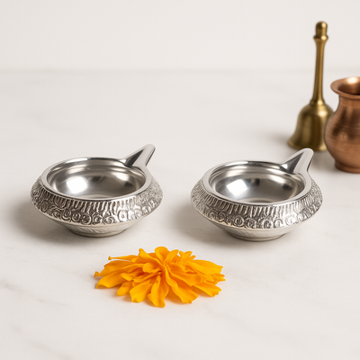 CHITRASHILA® Silver Plated Kuber Diya, Perfect for Laxmi Pooja, Navratri Elegant Home Décor (Pack of 2)