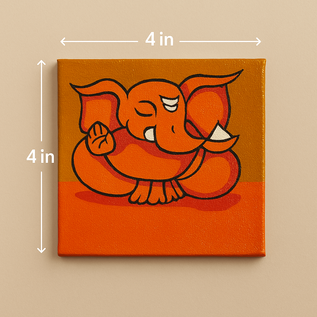 Chitrashila® 4×4 inch Handmade Canvas Painting - Orange Ganesha | Devotional Mini Art for Home & Gift Décor