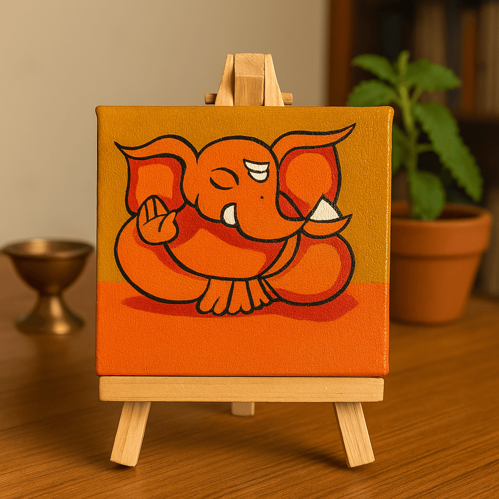 Chitrashila® 4×4 inch Handmade Canvas Painting - Orange Ganesha | Devotional Mini Art for Home & Gift Décor