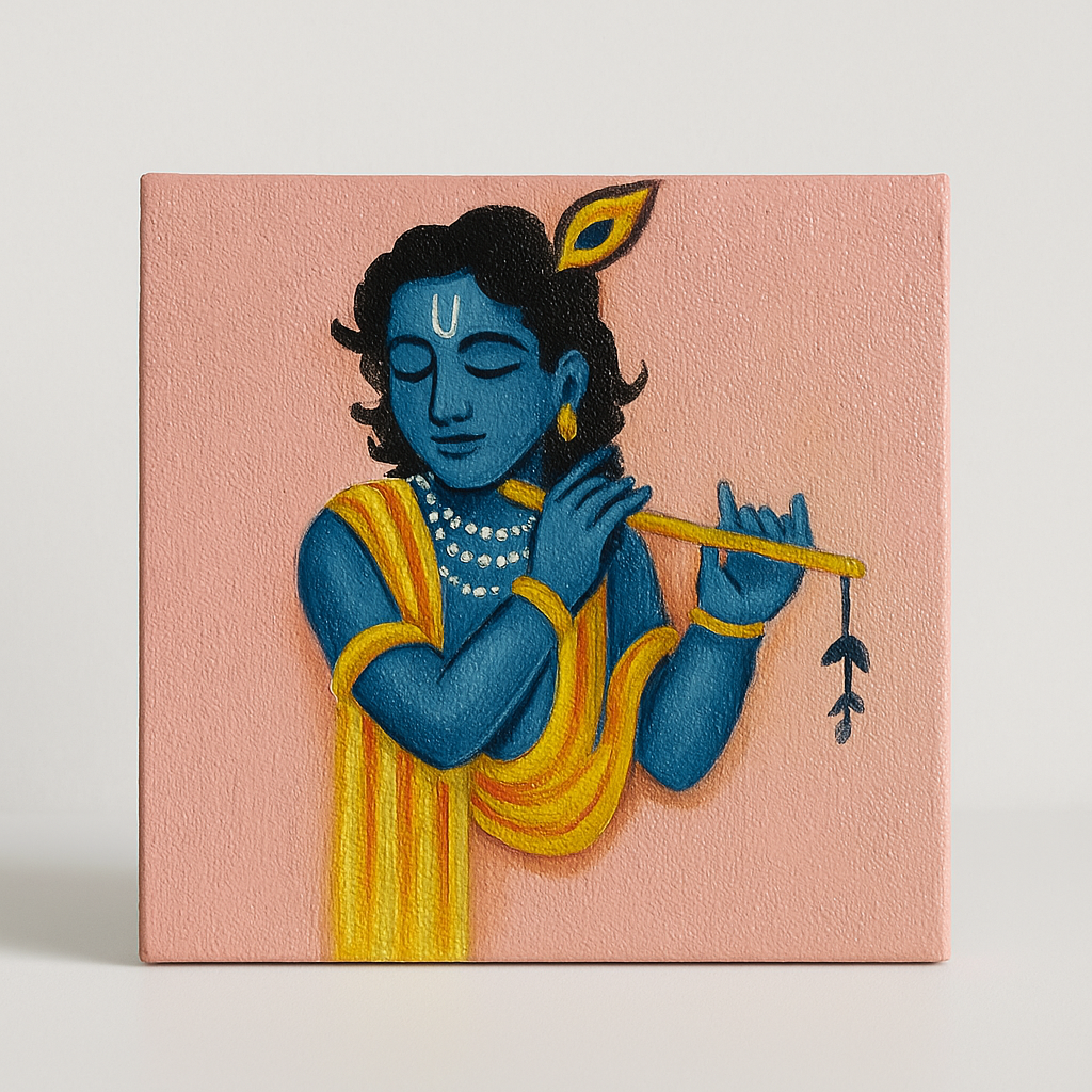 Chitrashila® 4×4 inch Handmade Canvas Painting - Krishna with flute | Devotional Mini Art for Home & Gift Décor