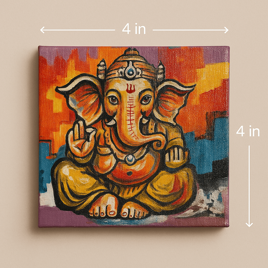 Chitrashila® 4×4 inch Handmade Canvas Painting - Abstract Ganesha | Devotional Mini Art for Home & Gift Décor