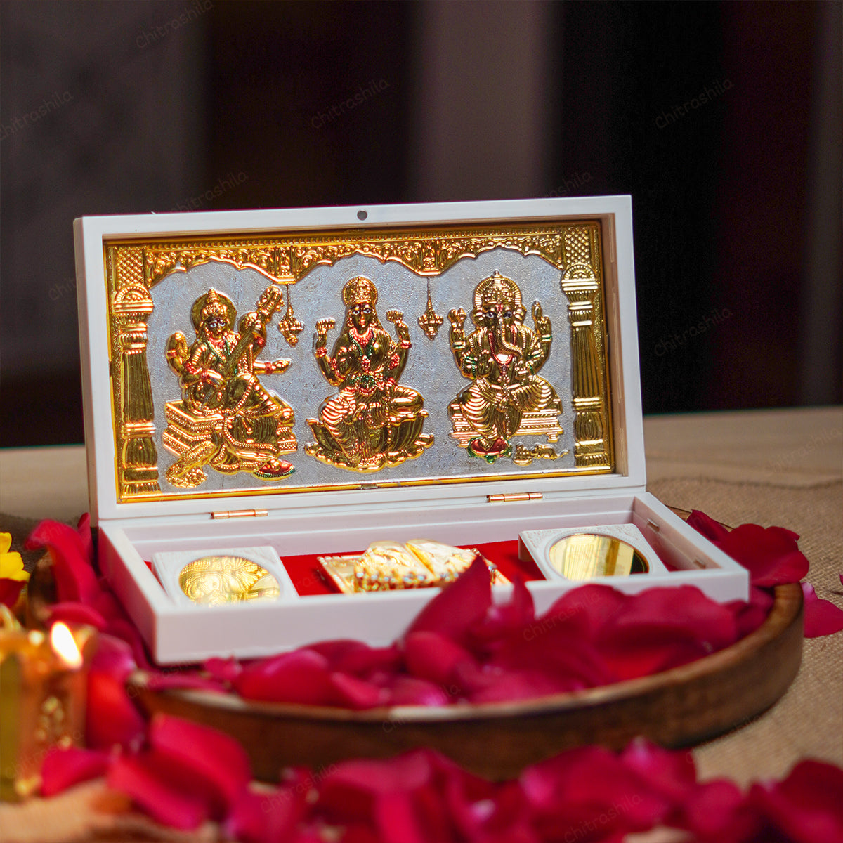 CHITRASHILA Lakshmi Saraswati Ganpati Gold Plated Pocket Temple For Diwali, House Warming & Return Gift