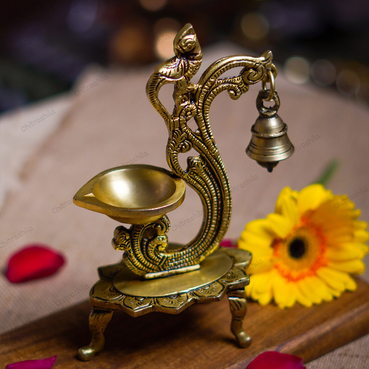 CHITRASHILA Brass Peacock Diya with Bell – Pure Brass Antique Oil Lamp for Diwali & Navratri