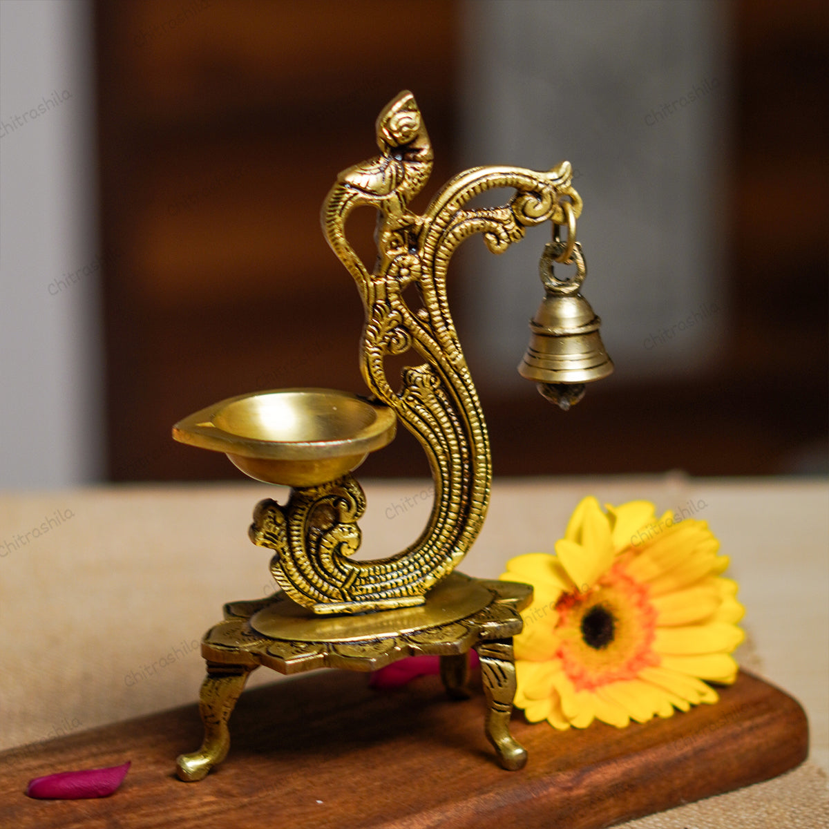 CHITRASHILA Brass Peacock Diya with Bell – Pure Brass Antique Oil Lamp for Diwali & Navratri