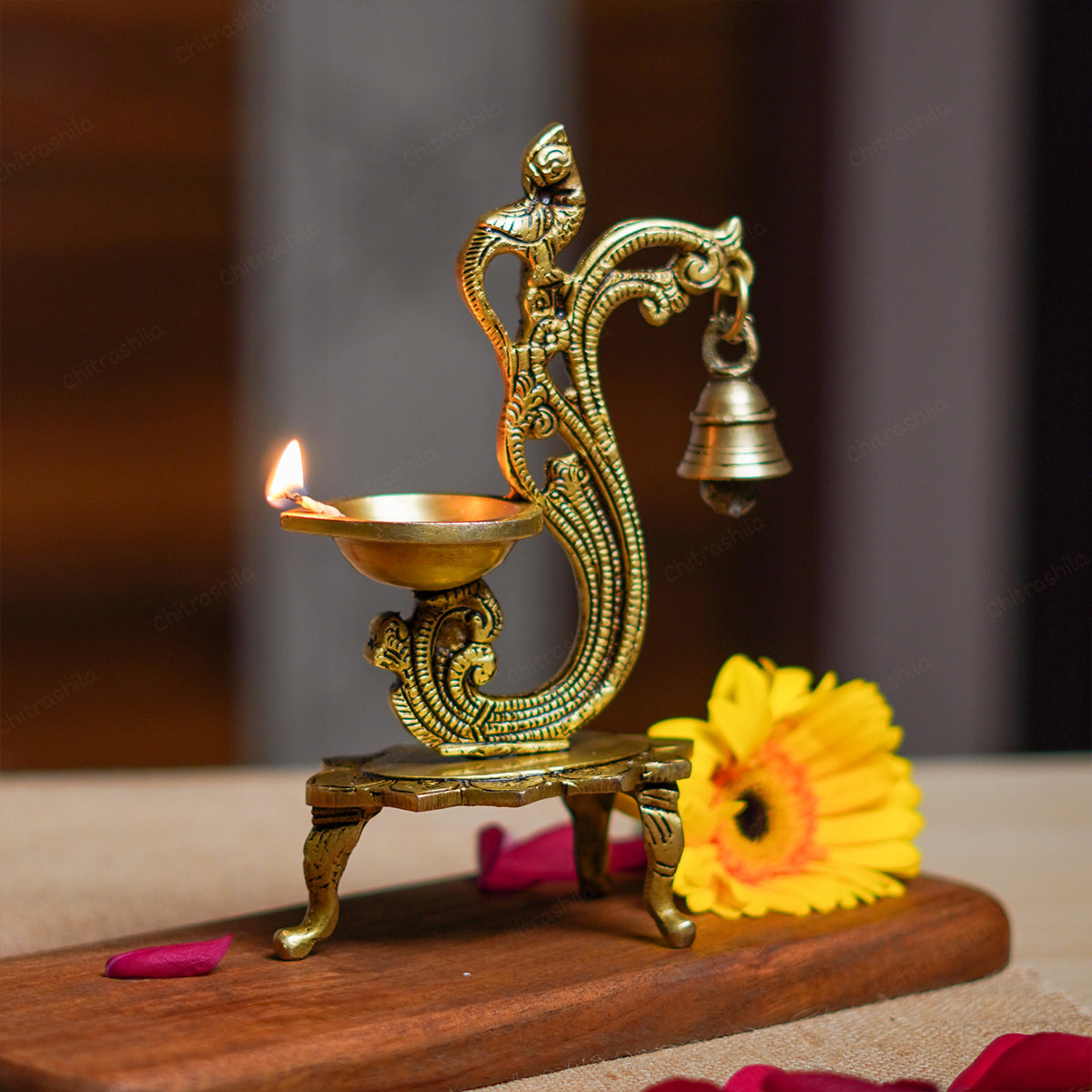 CHITRASHILA Brass Peacock Diya with Bell – Pure Brass Antique Oil Lamp for Diwali & Navratri