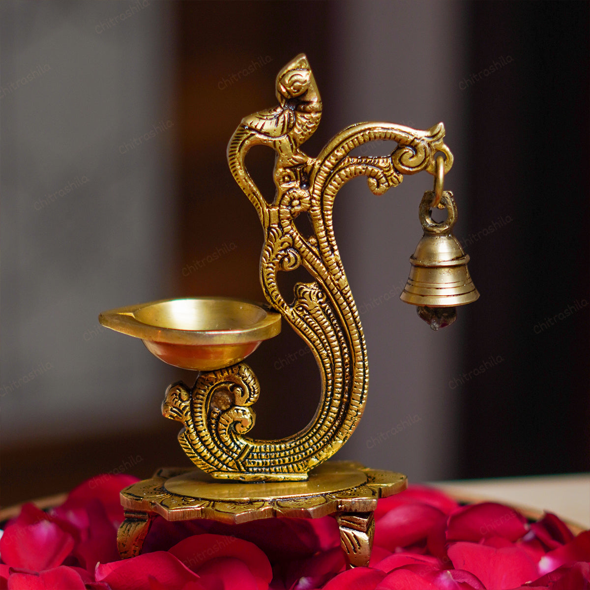 CHITRASHILA Brass Peacock Diya with Bell – Pure Brass Antique Oil Lamp for Diwali & Navratri