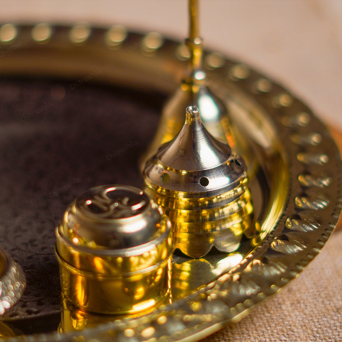 CHITRASHILA® Brass Pooja Aarti Thali Complete Set – Traditional Puja Essentials (10 inches)