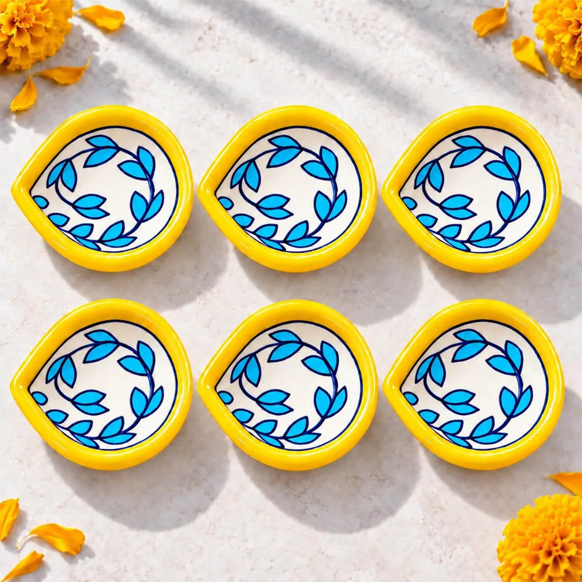 Decorative pottery diya set of 6 with colorful hand-painted designs for Diwali home decoration