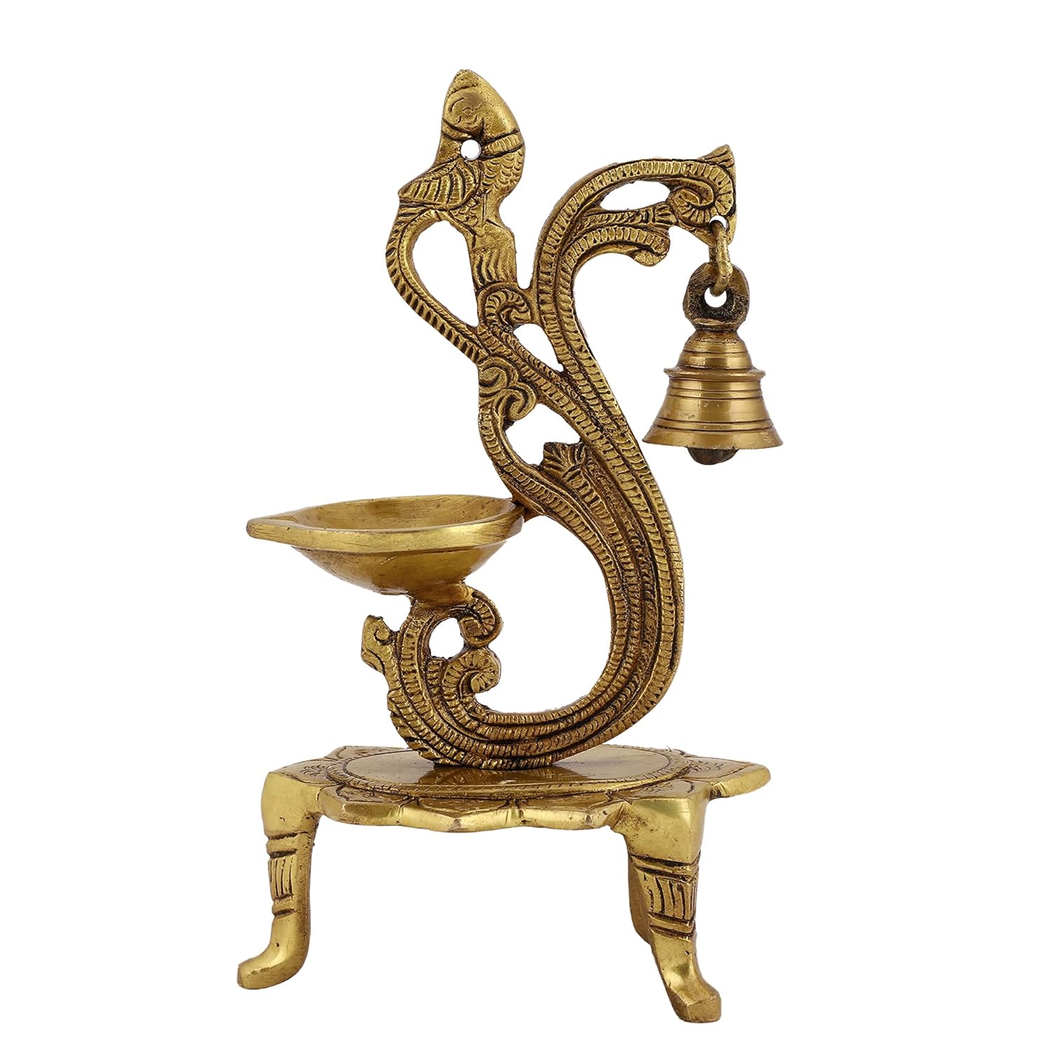 CHITRASHILA Brass Peacock Diya with Bell – Pure Brass Antique Oil Lamp for Diwali & Navratri