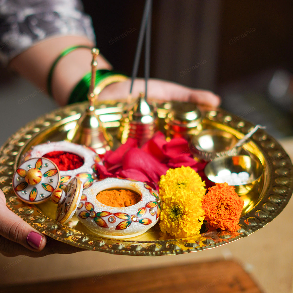 CHITRASHILA® Brass Pooja Aarti Thali Complete Set – Traditional Puja Essentials (10 inches)