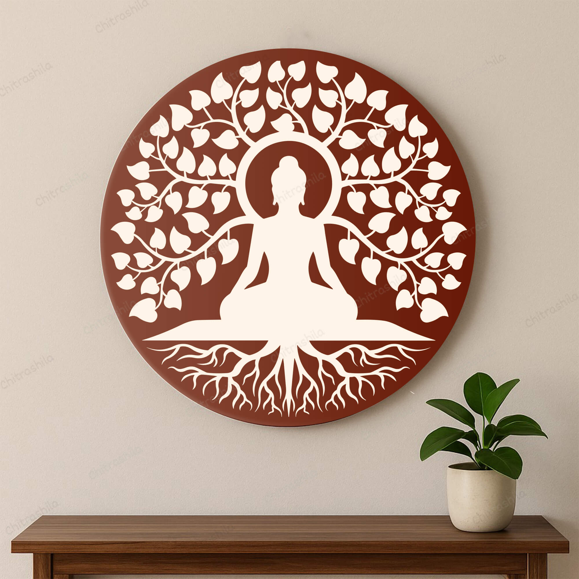 Chitrashila® Gautam Buddha Under Peepal Tree Decor Art Board (11-Inch, Terracotta)(MA-05-T)