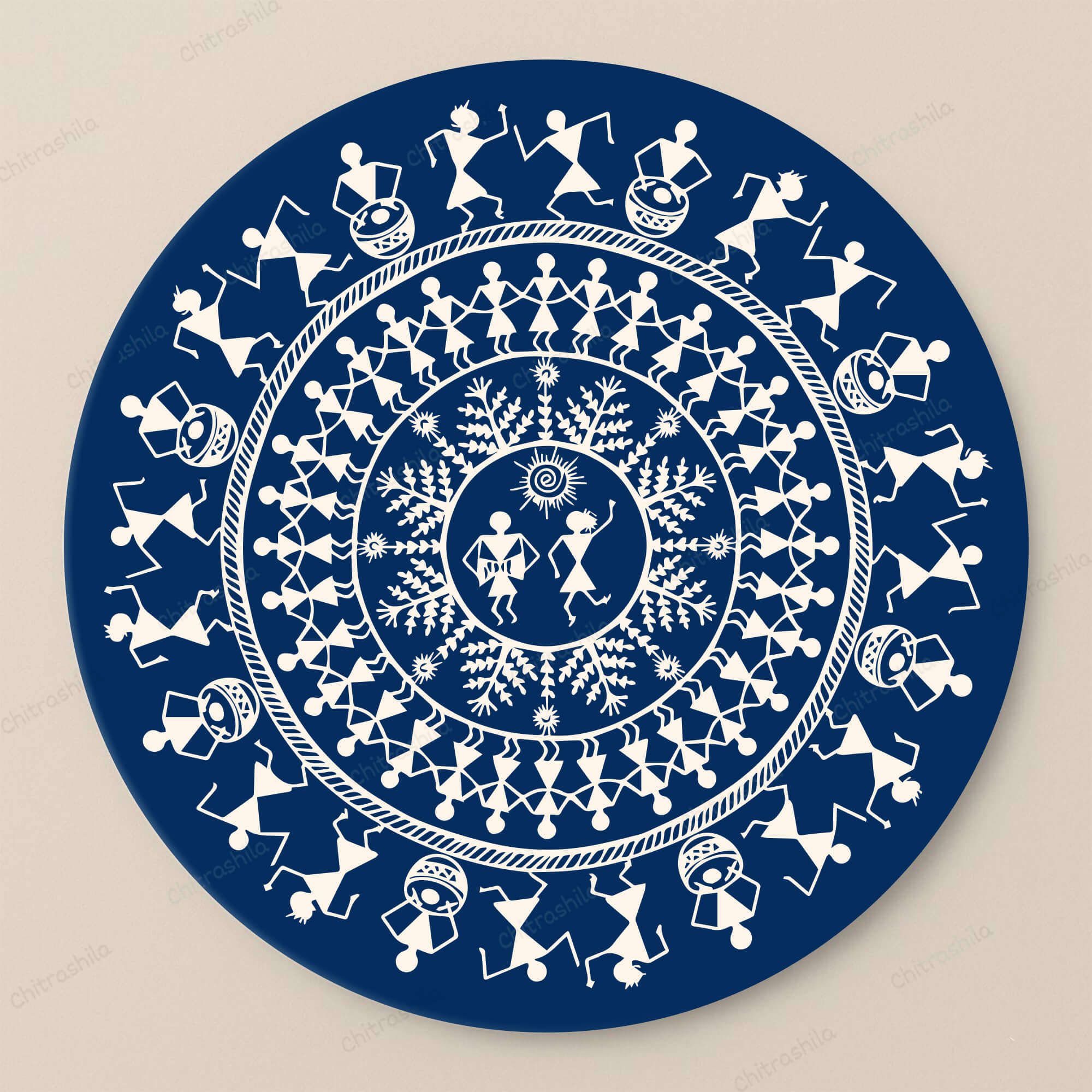 CHITRASHILA® Echoes of Warli - Circle of Unity Festival Warli Wooden Board (11-Inch, Electric Blue)-(MA-04-B)