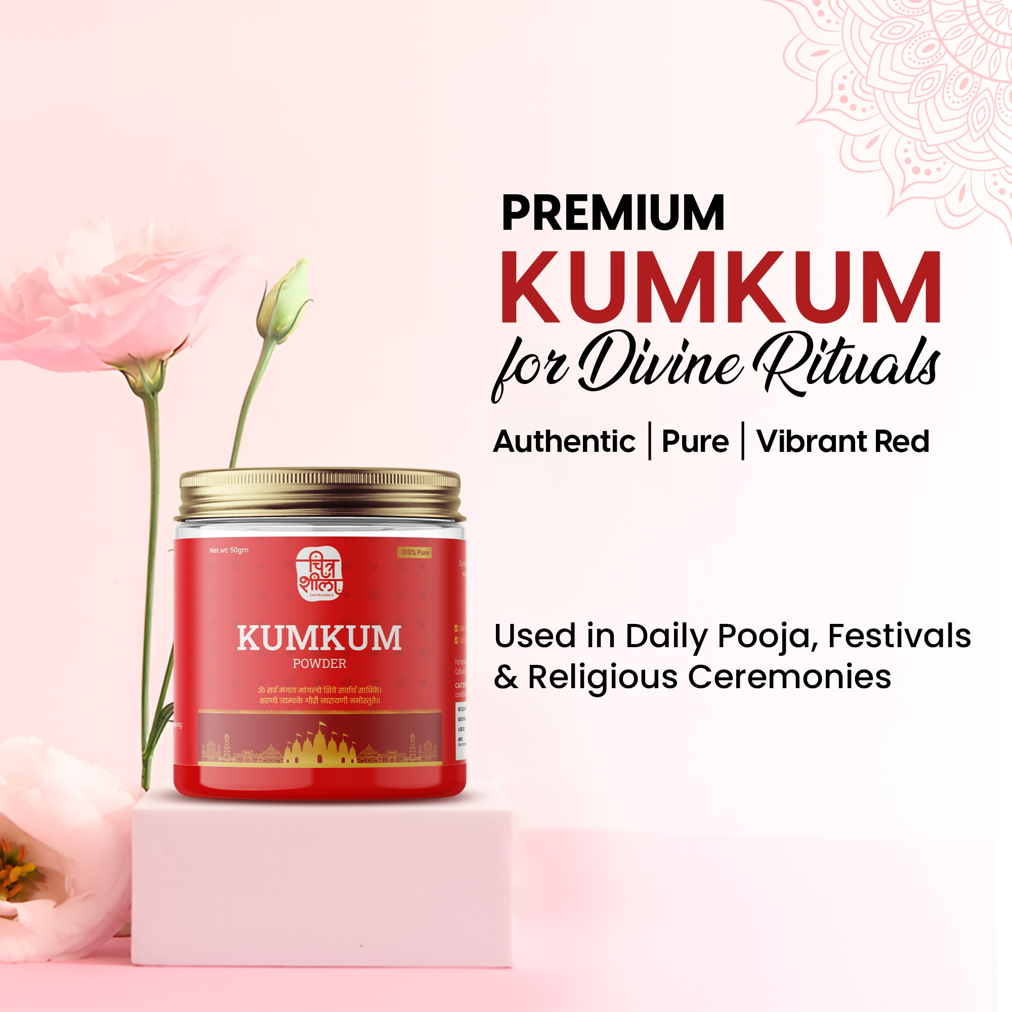 CHITRASHILA® 100% Pure Kumkum Powder Made with Pure Turmeric Sacred Red - 50g