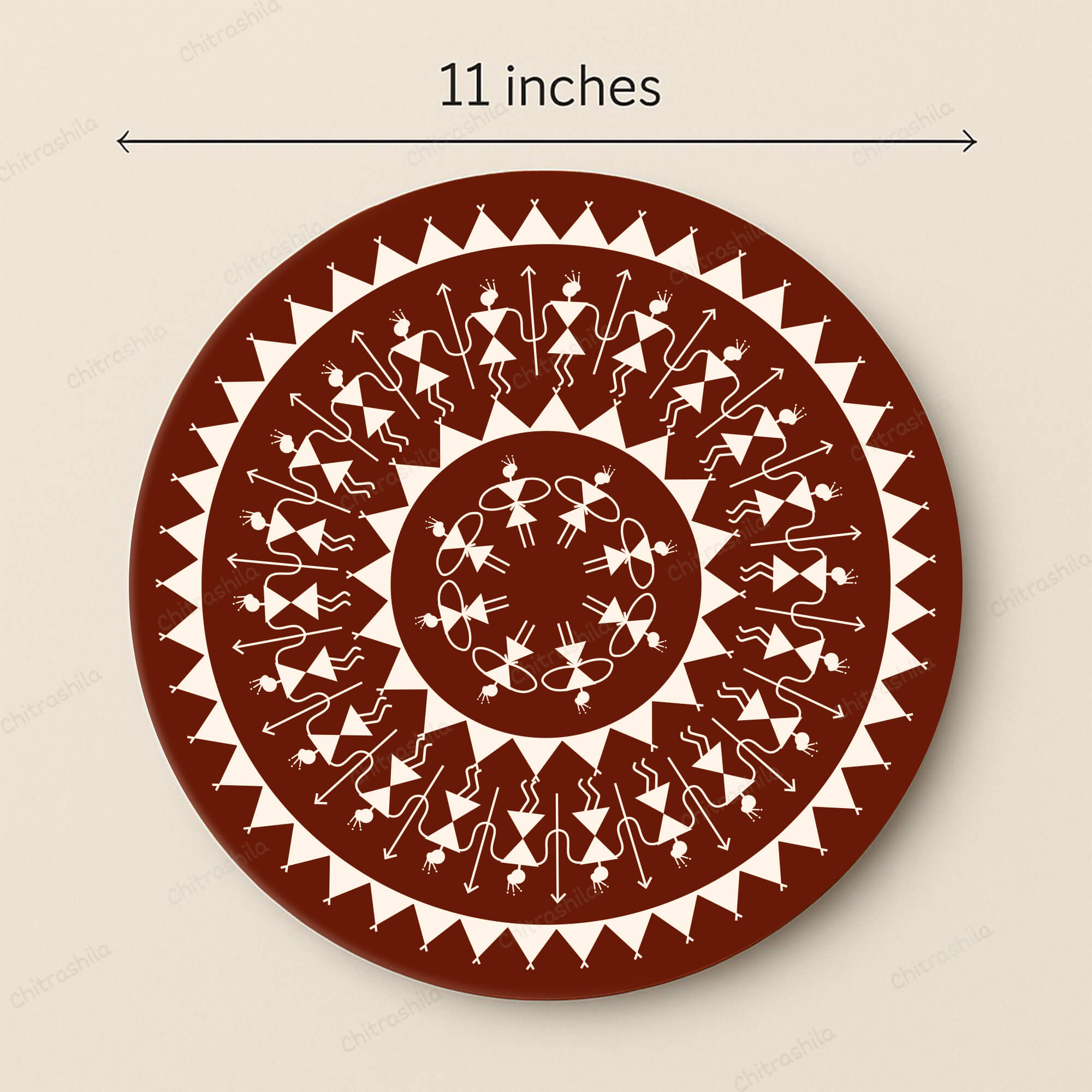 Circular Warli design with intricate patterns and measurement label on a beige background