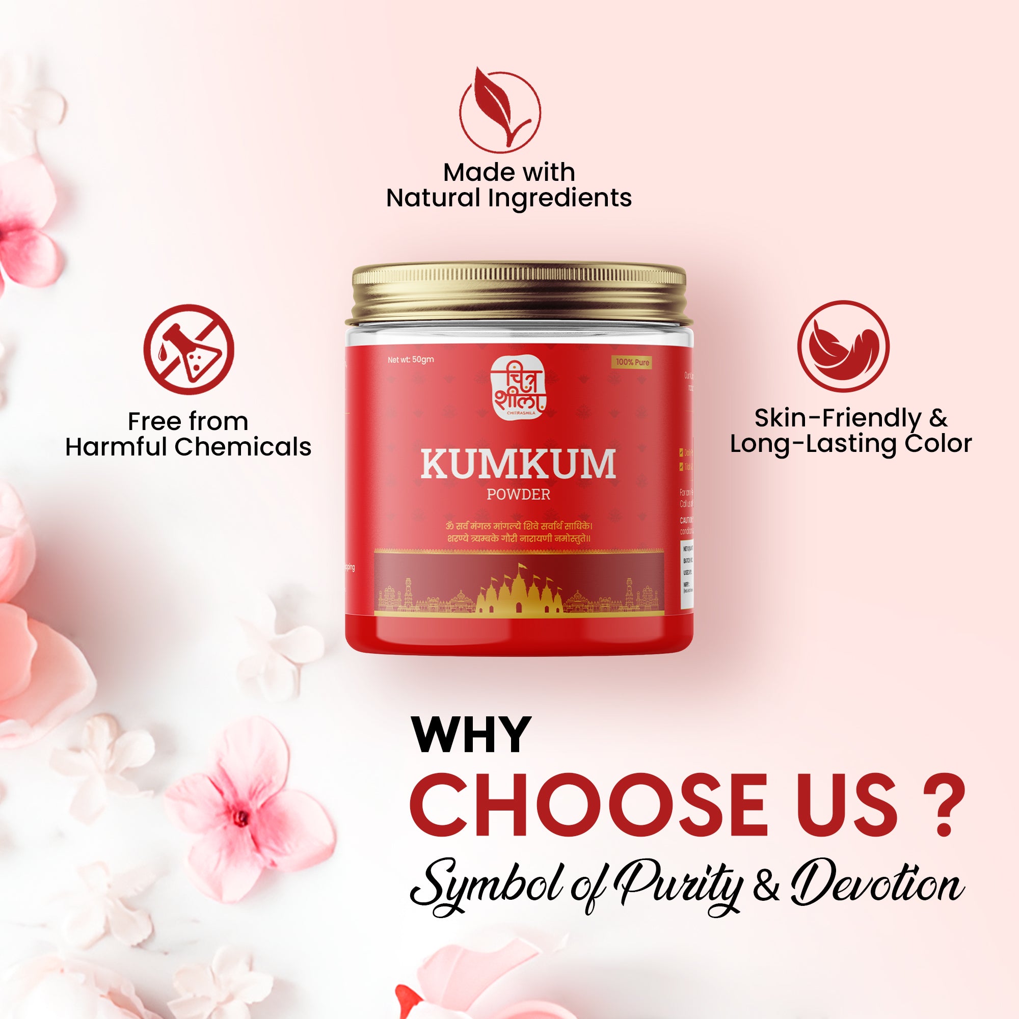 CHITRASHILA® 100% Pure Organic Kumkum Powder Made with Pure Turmeric Sacred Red - 50g