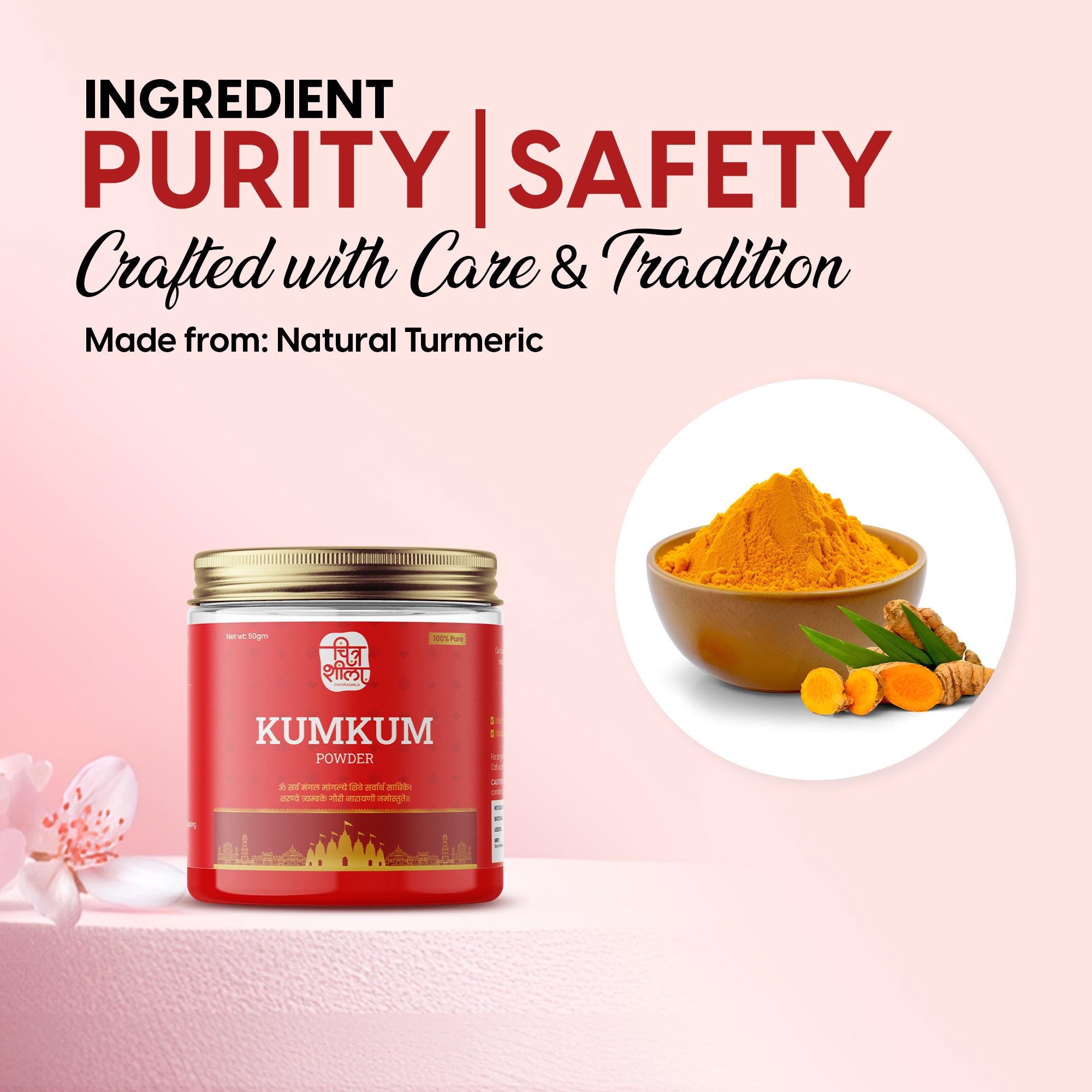 CHITRASHILA® 100% Pure Kumkum Powder Made with Pure Turmeric Sacred Red - 50g