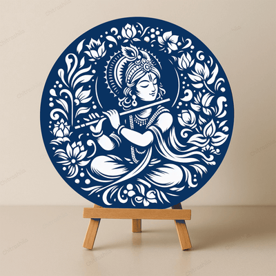 Chitrashila® Divine Echoes Handmade Krishna with Flute Wooden Art Board (11-Inch, Electric Blue)-(MA-02-B)