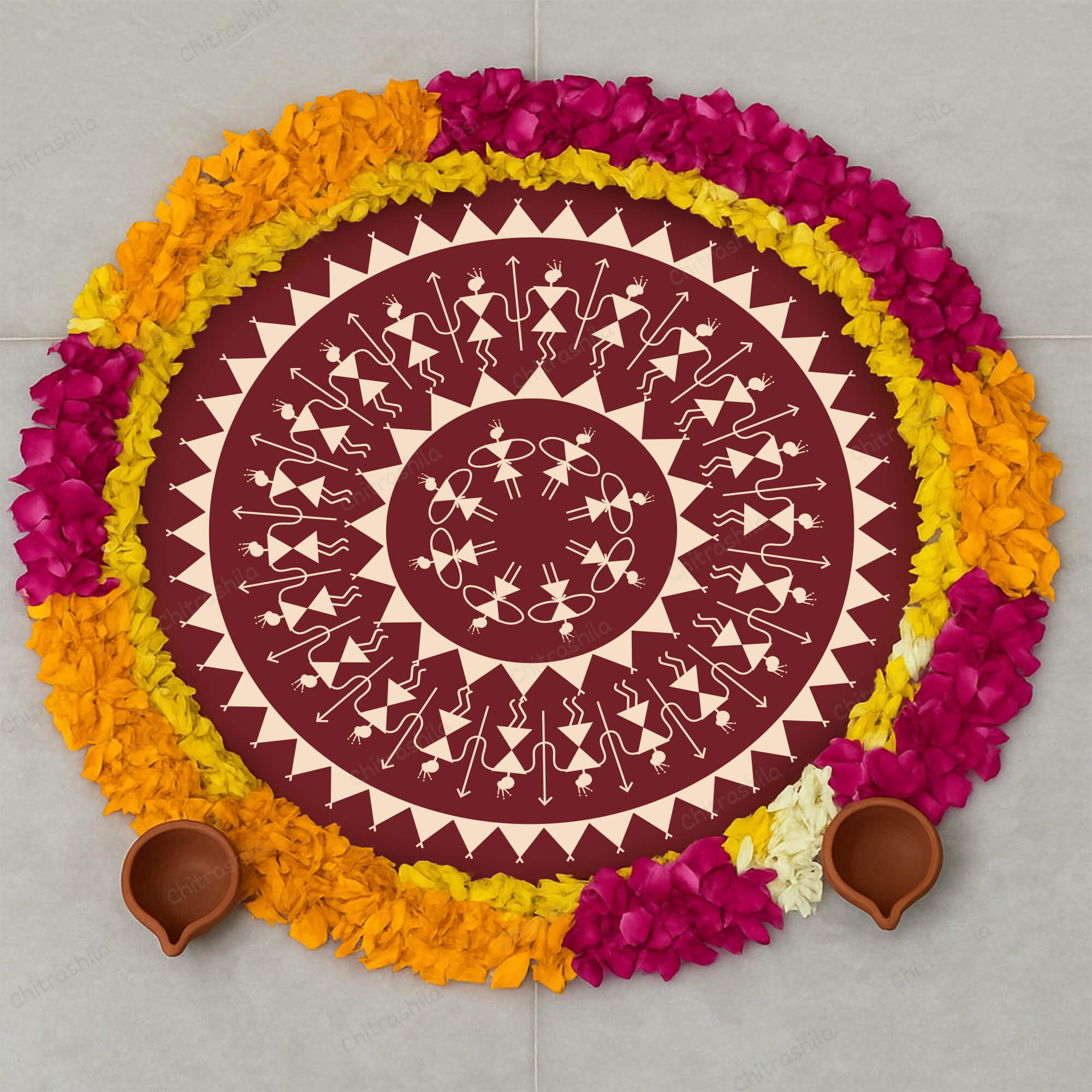 Decorative circular design made of flowers with a central Warli pattern on a festive background