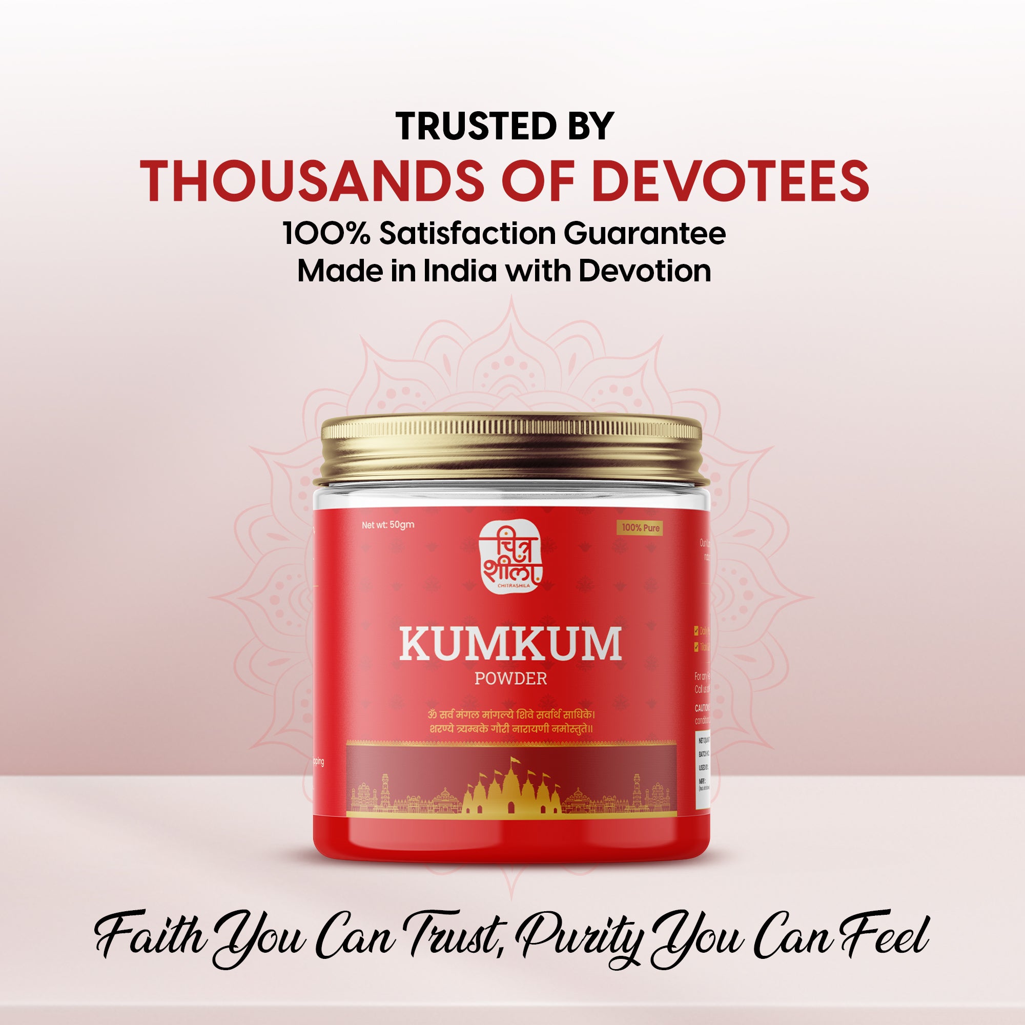 CHITRASHILA® 100% Pure Organic Kumkum Powder Made with Pure Turmeric Sacred Red - 50g