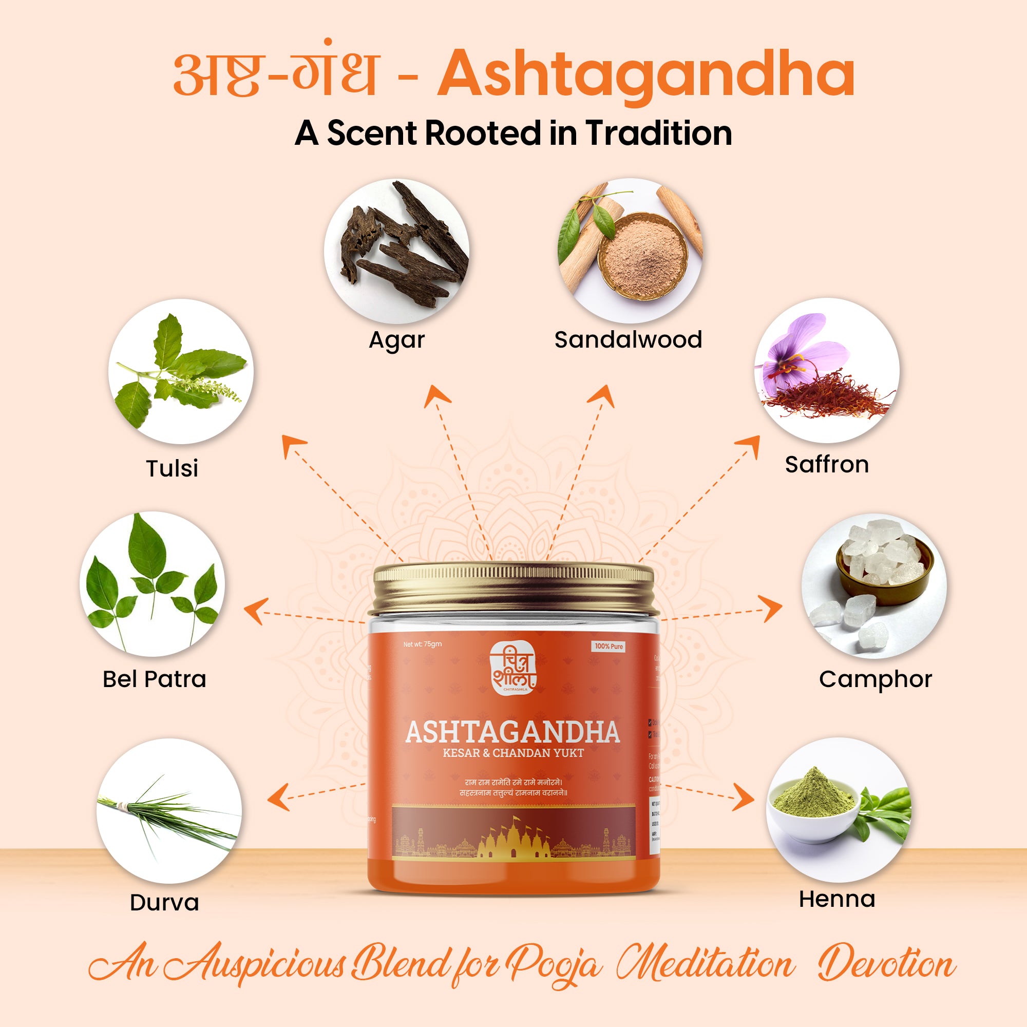 CHITRASHILA® Ashtagandha with Kesar & Chandan Tilak/Tika for Pooja Infused with Divine Aroma - 75 g