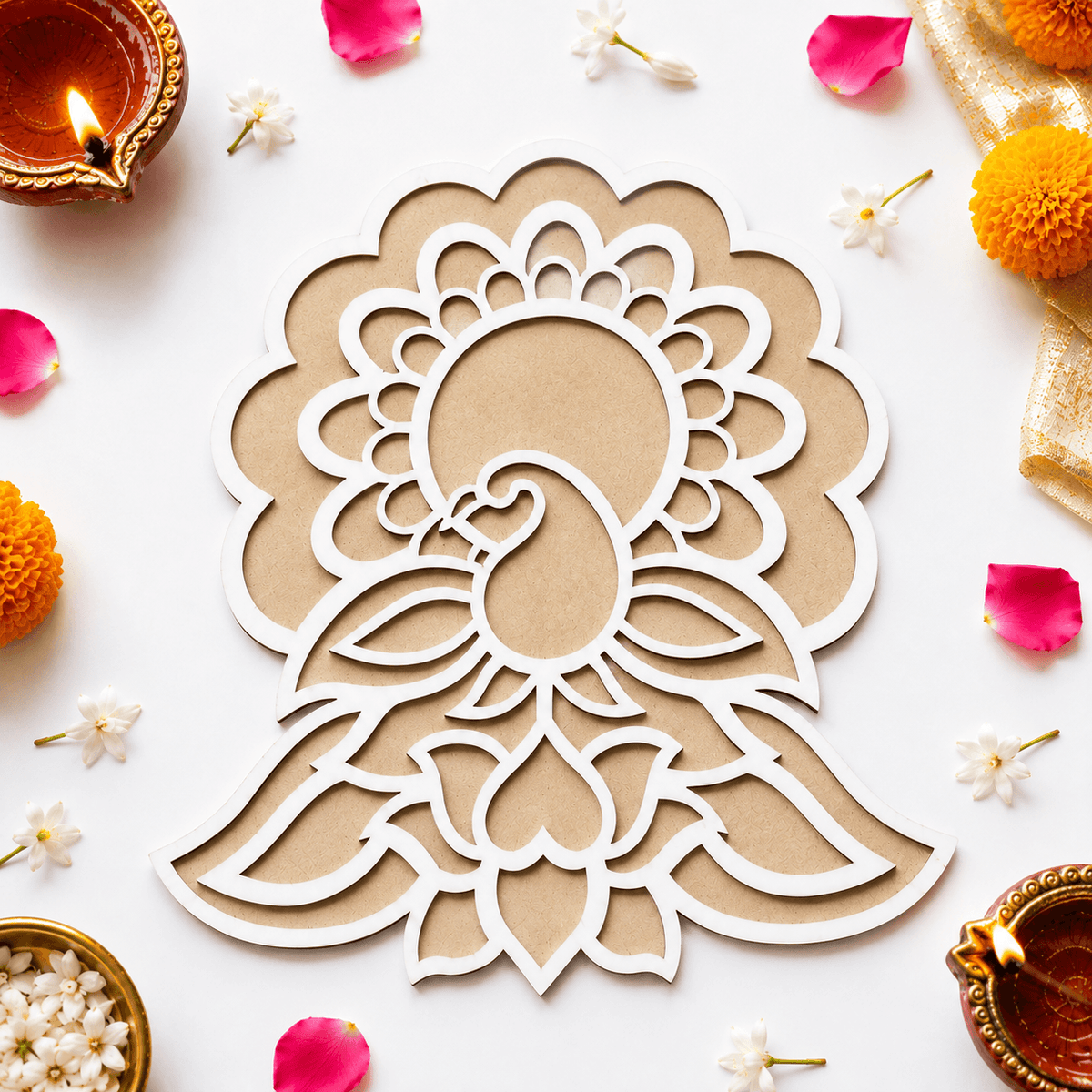CHITRASHILA® Majestic Peacock MDF Rangoli Mat (12x12 inches)-D06