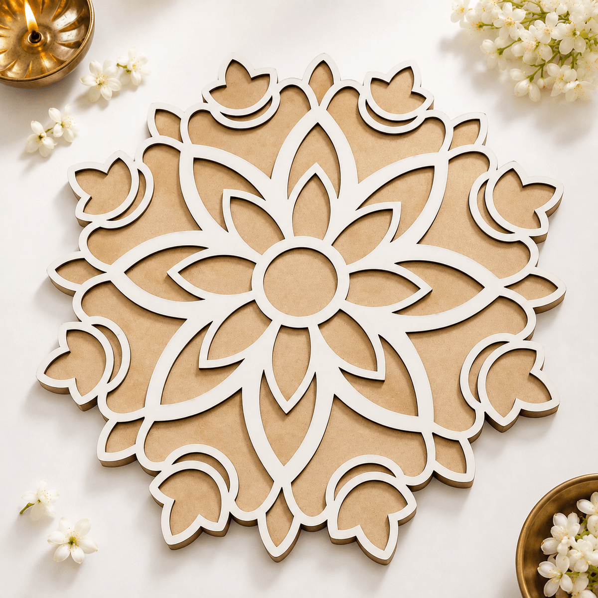 CHITRASHILA® Auspicious Diya MDF Rangoli Mat (12x12 inches)- D03