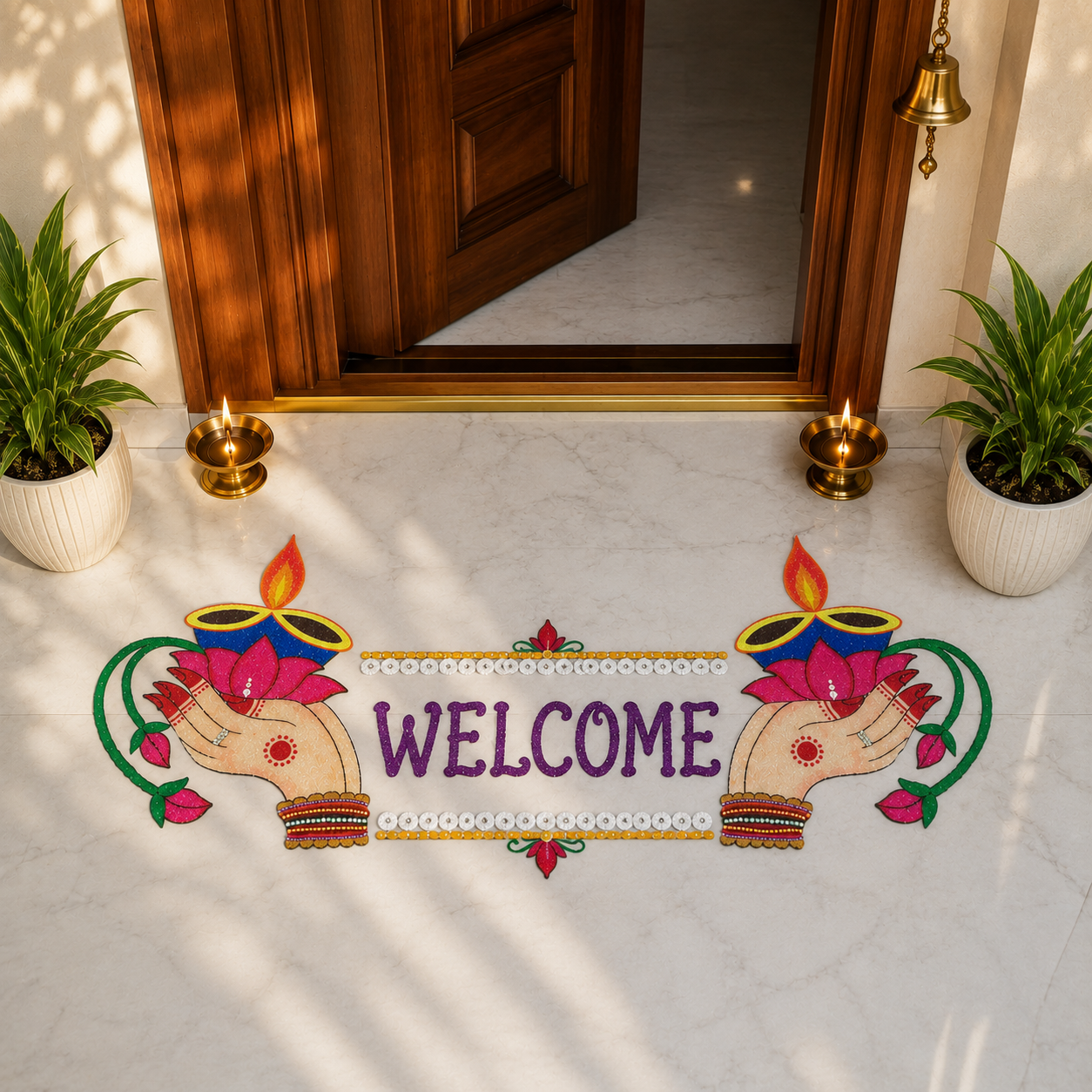 Welcome Hands with Diya OHP Rangoli Sheet - Pack of 2