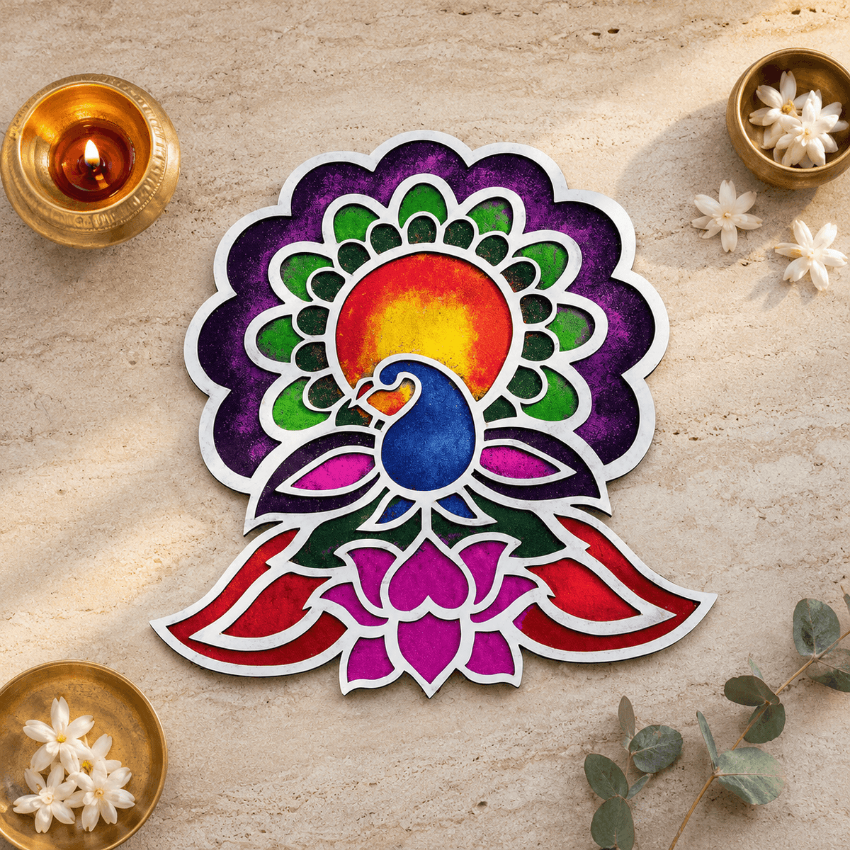 CHITRASHILA® Majestic Peacock MDF Rangoli Mat (12x12 inches)-D06