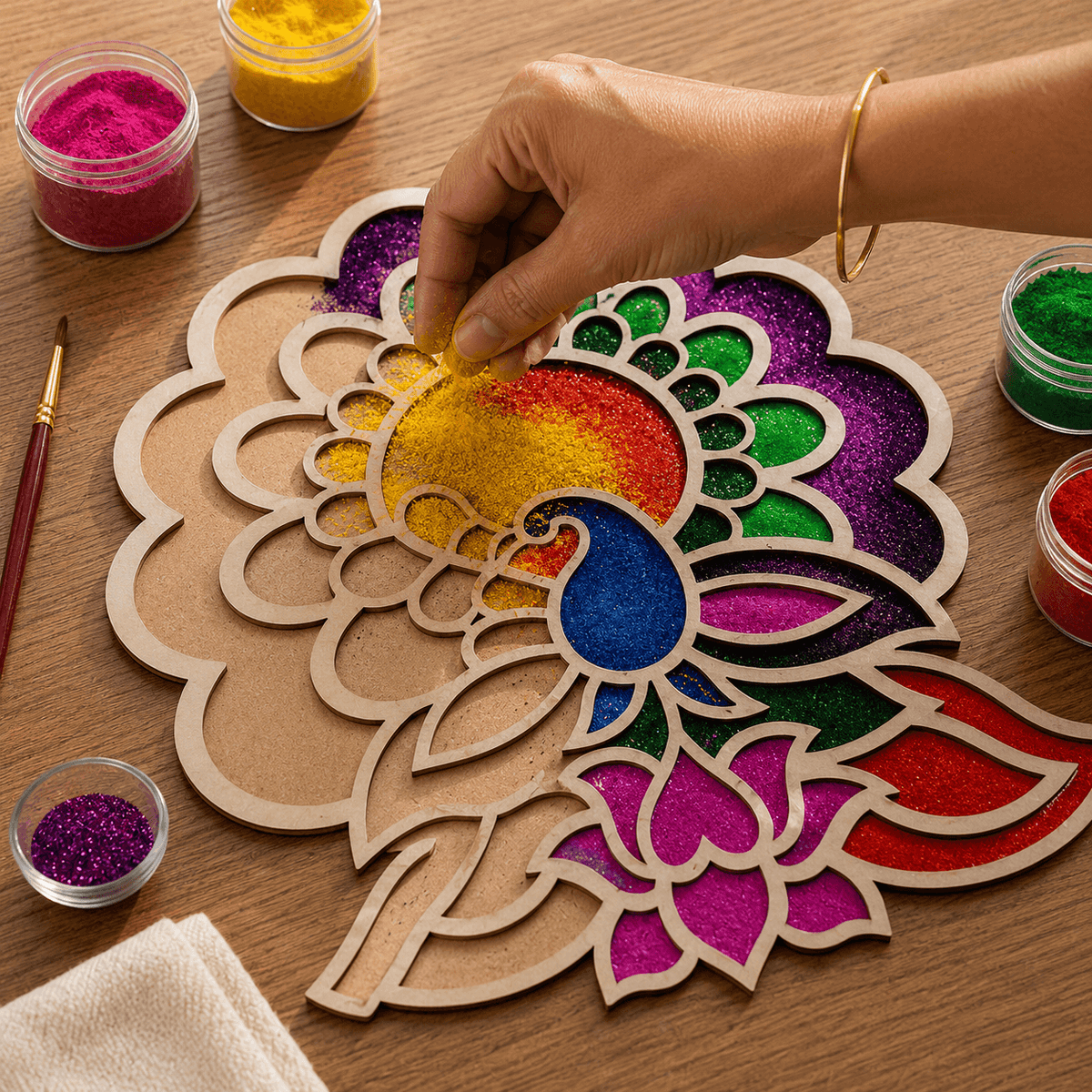 CHITRASHILA® Majestic Peacock MDF Rangoli Mat (12x12 inches)-D06