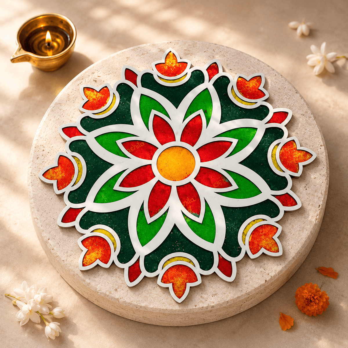 CHITRASHILA® Auspicious Diya MDF Rangoli Mat (12x12 inches)- D03