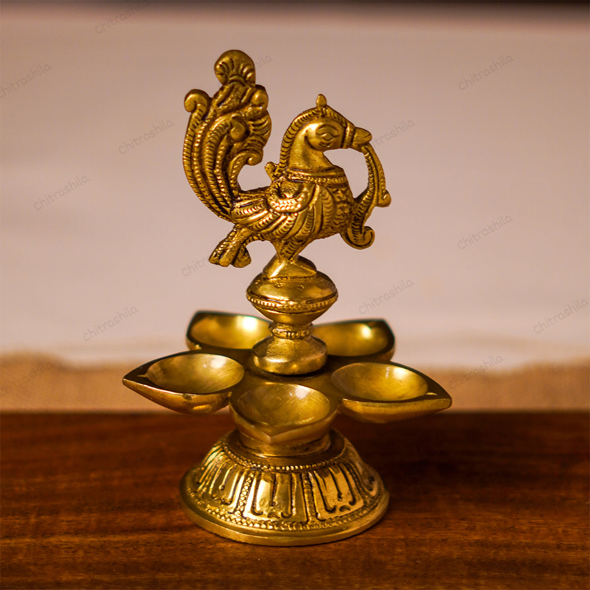 CHITRASHILA® Peacock Brass Diya 5-in-1 Oil Lamp for Ganesh, Laxmi & Navratri Pooja