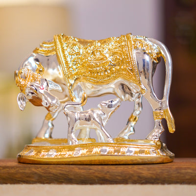 CHITRASHILA® Kamdhenu Cow with Calf Idol - Gold & Silver Plated for Vastu & Positivity, Perfect for Gifting, Diwali & Return Gifts