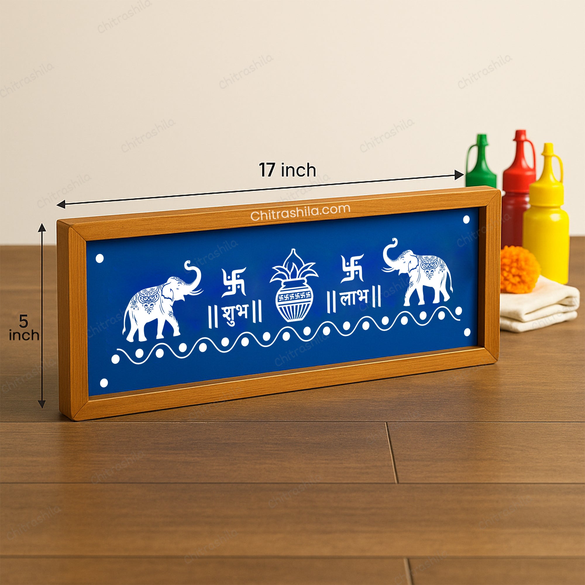 CHITRASHILA® Shubh Labh with Elephant and Swastik Wooden Rangoli Stencil 17x5 inches (WB-13)