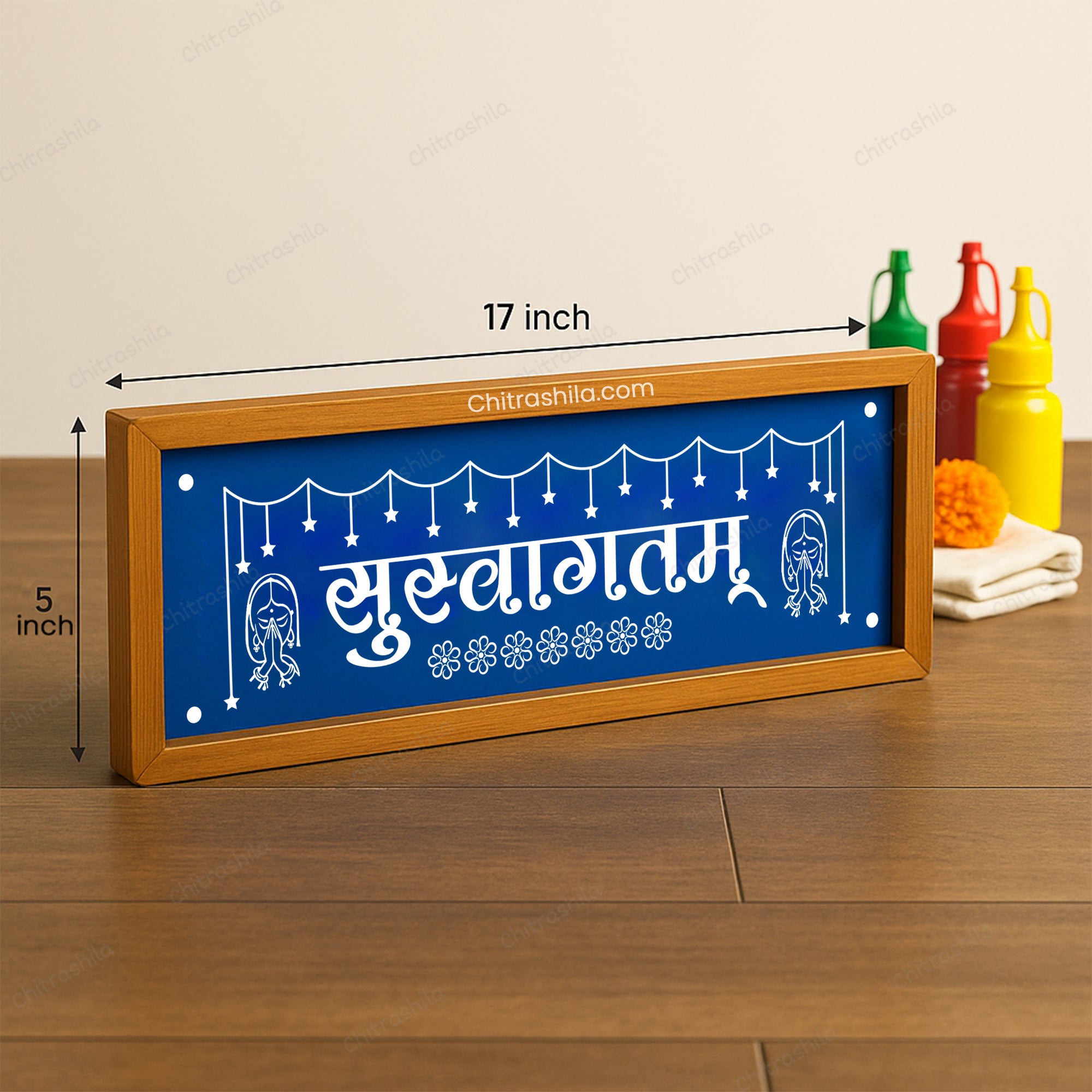 CHITRASHILA® Suswagatam Namaste Wooden Rangoli Stencil 17x5 inches (WB-24)