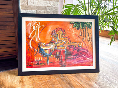 CHITRASHILA® Handmade Canvas Shree Ganesh with Saraswati Veena Devotional Painting (24*18 inches)