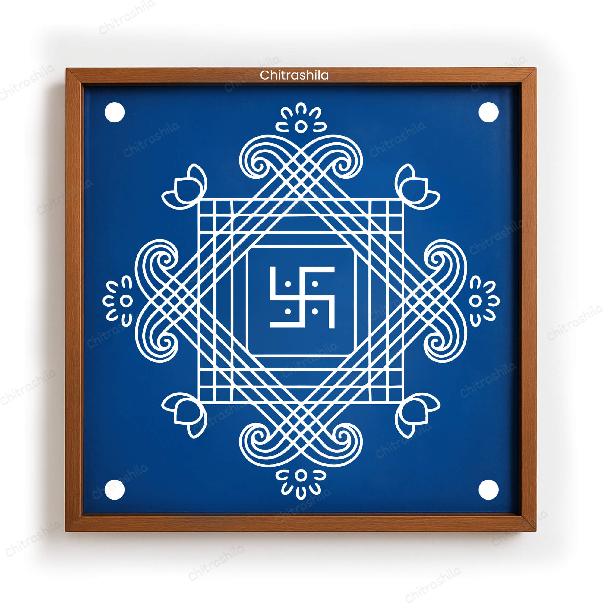 CHITRASHILA® Swastik Centre Floral Square Wooden Rangoli Stencil 10x10 Inches (WS‑35)