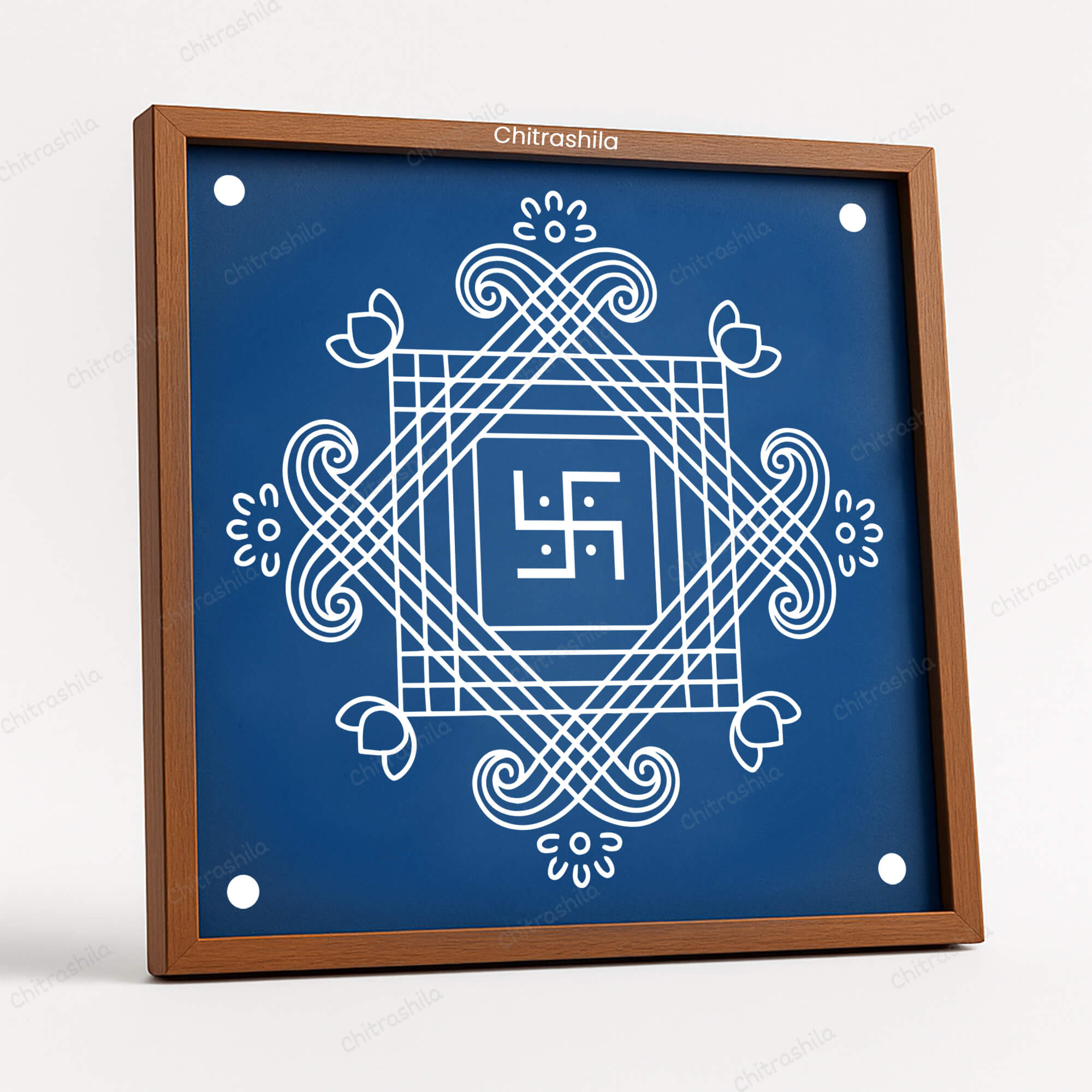 CHITRASHILA® Swastik Centre Floral Square Wooden Rangoli Stencil 10x10 Inches (WS‑35)