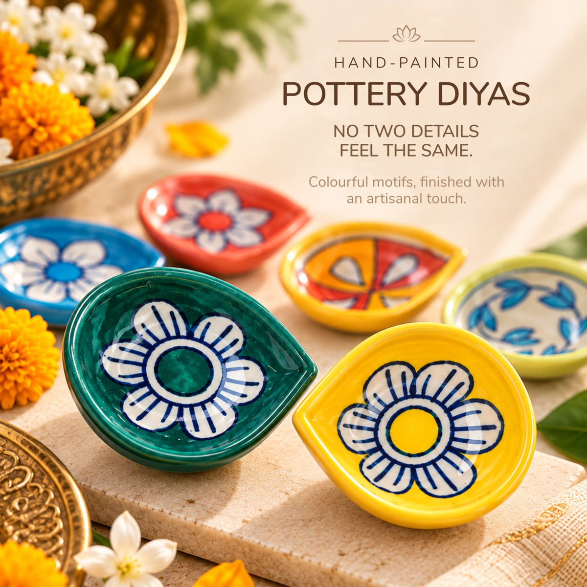 Hand-Painted Pottery Diyas - Colourful Ceramic Diyas for Diwali & Pooja (Set of 6)