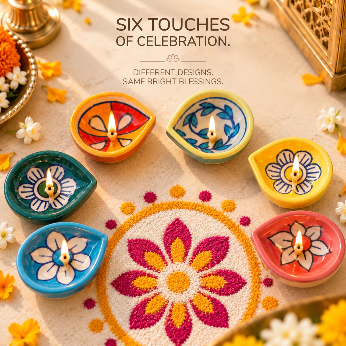 Pottery Diyas - Colourful Ceramic Diyas for Diwali & Pooja (Set of 6)