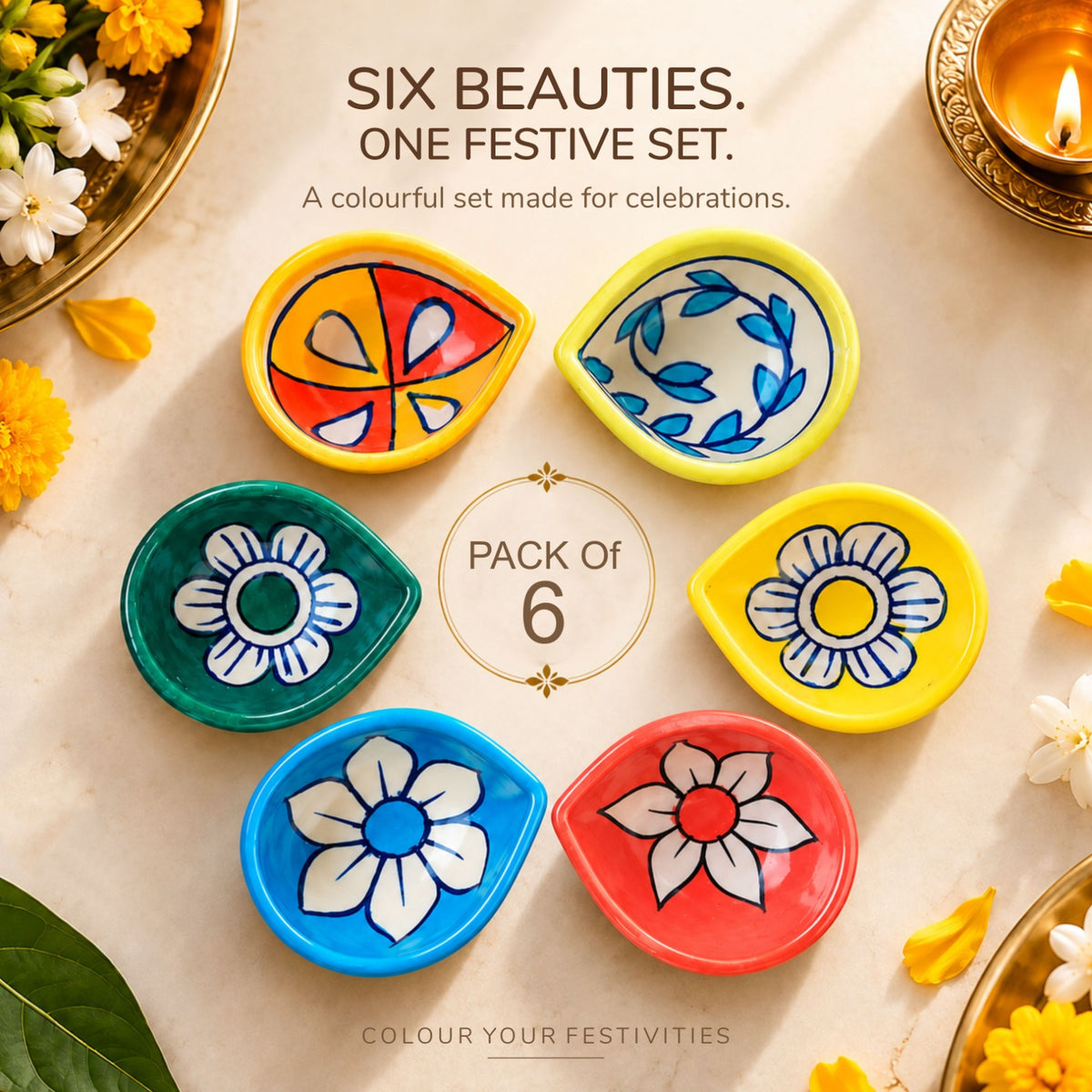 Pottery Diyas - Colourful Ceramic Diyas for Diwali & Pooja (Set of 6)
