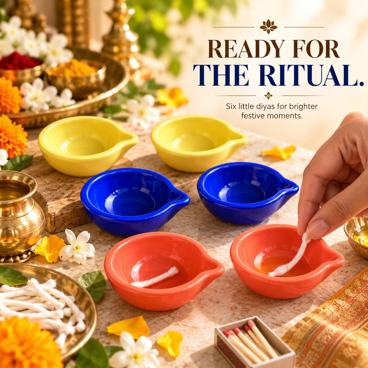 Pottery diya with cotton wick — Diwali festive lighting setup