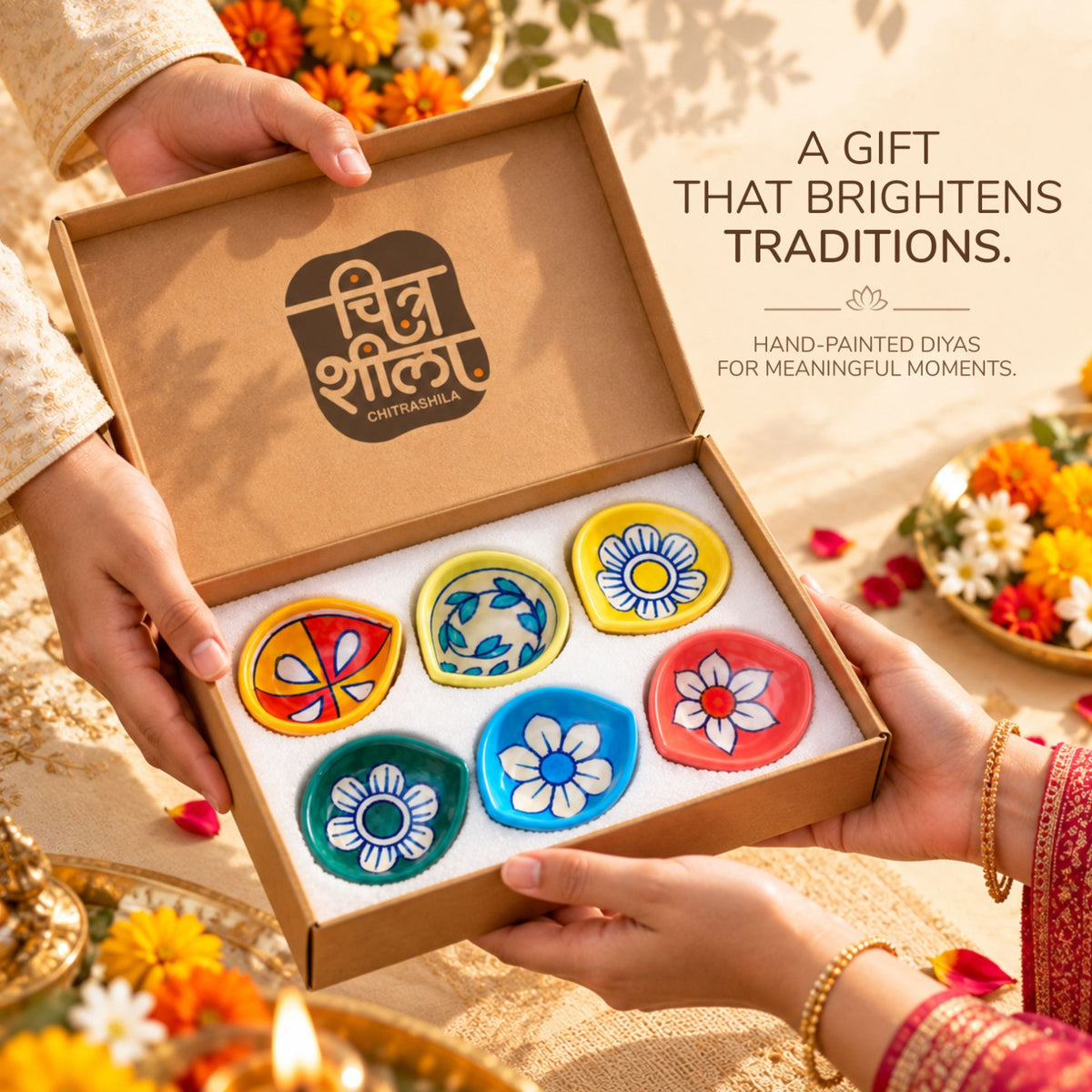 Pottery Diyas - Colourful Ceramic Diyas for Diwali & Pooja (Set of 6)