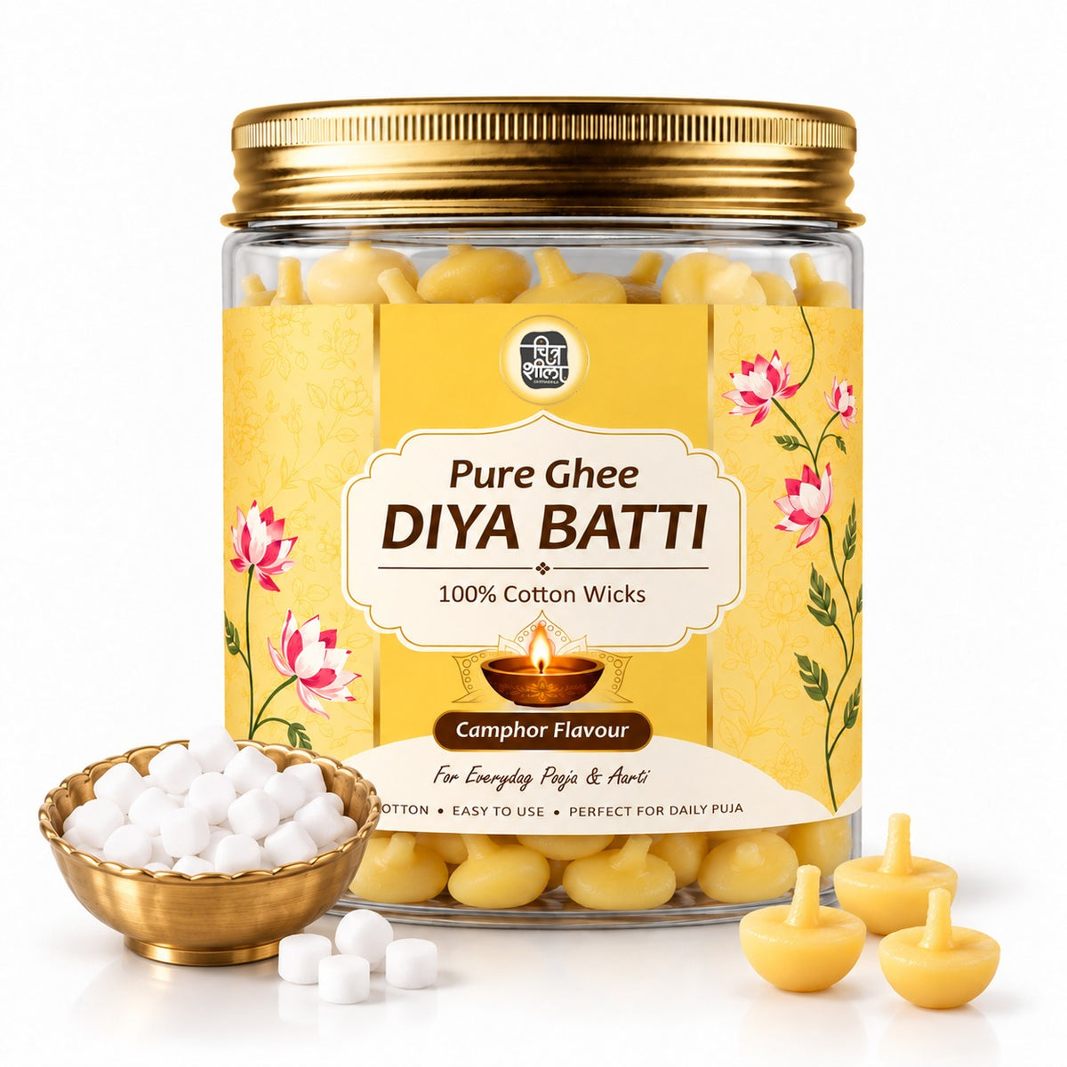 Pure Ghee Diya Batti with Camphor | Ready-to-Light Cotton Wicks for Pooja & Aarti - 200g
