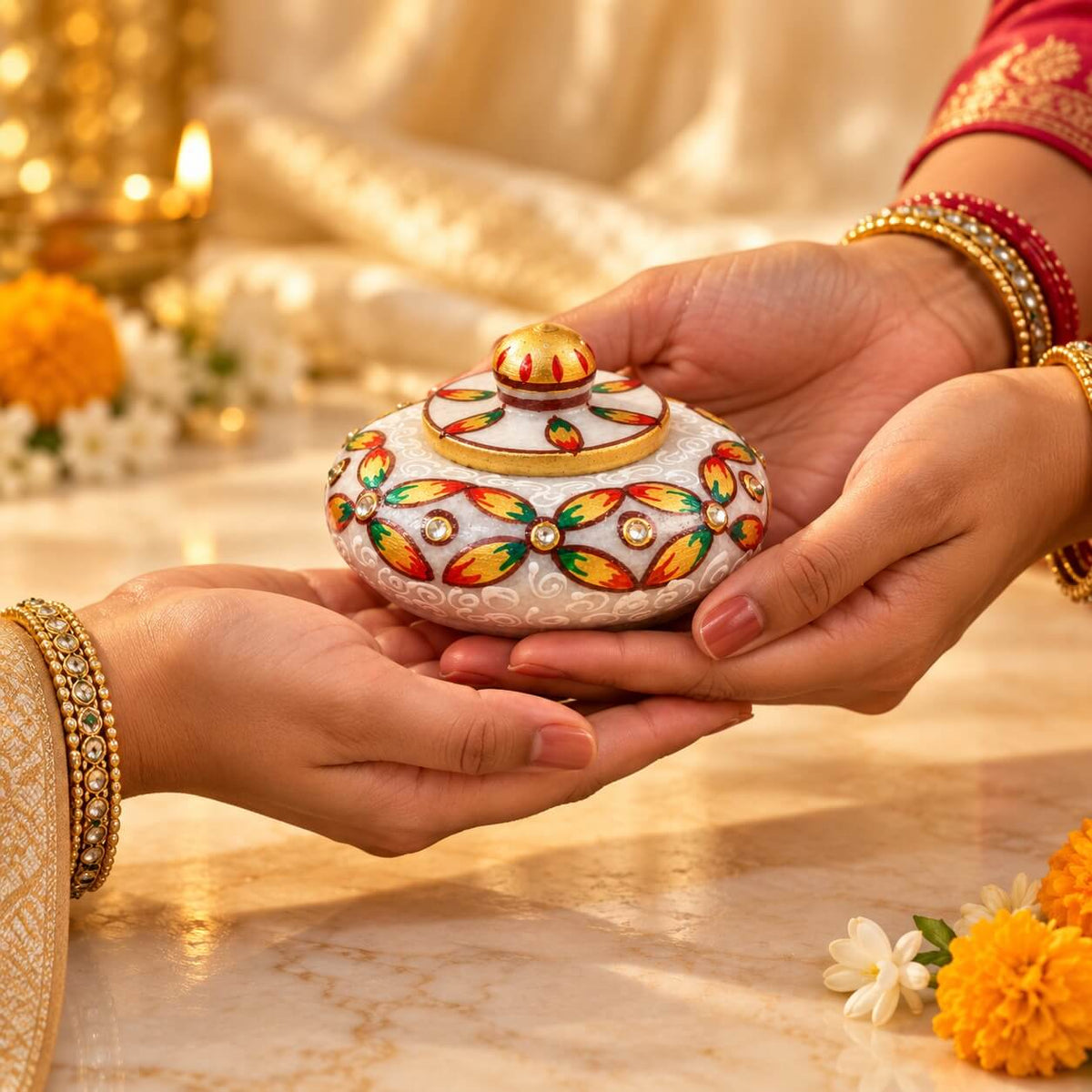 Handcrafted marble kumkum holder — traditional karanda for pooja