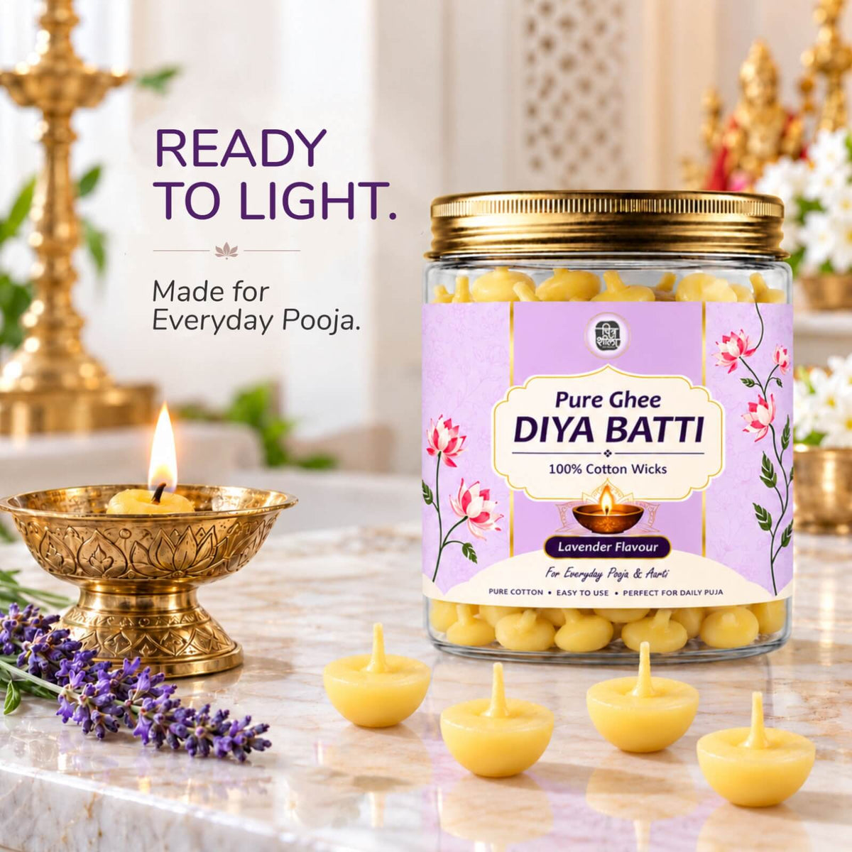 Lavender ghee cotton wicks ready to light for aarti